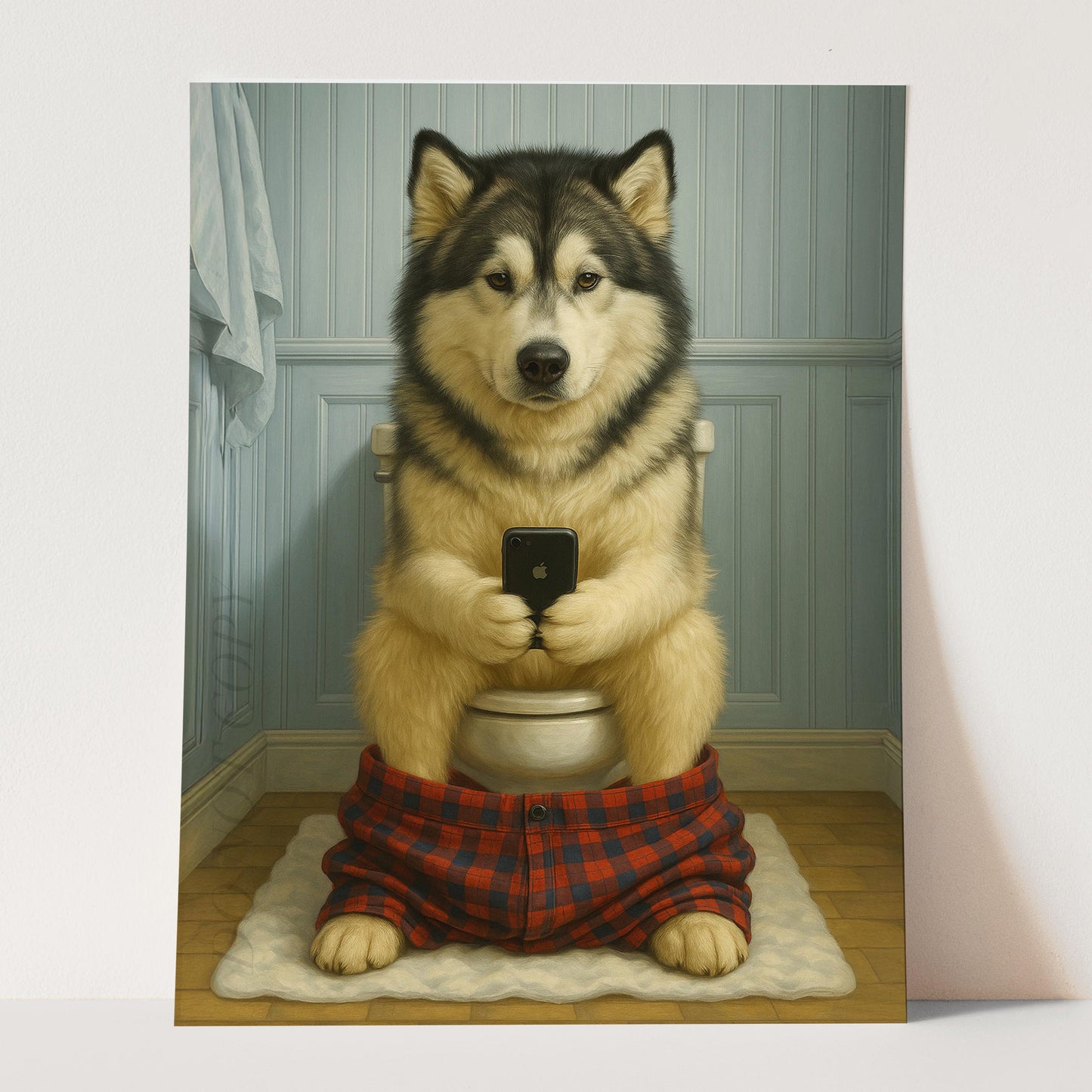 Alaskan Malamute On The Phone On The Toilet