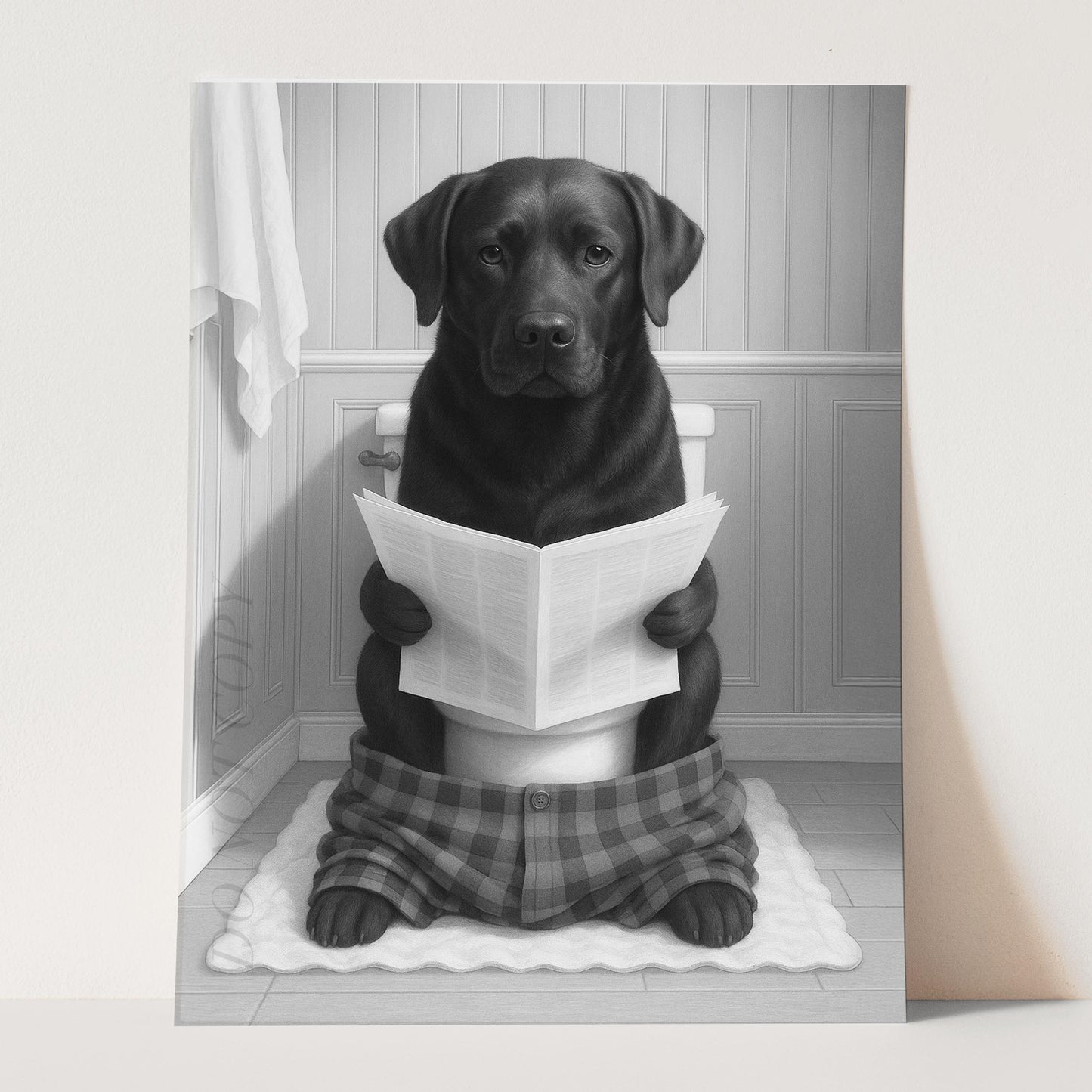 Black Labrador Dog Reading The Newspaper On The Toilet