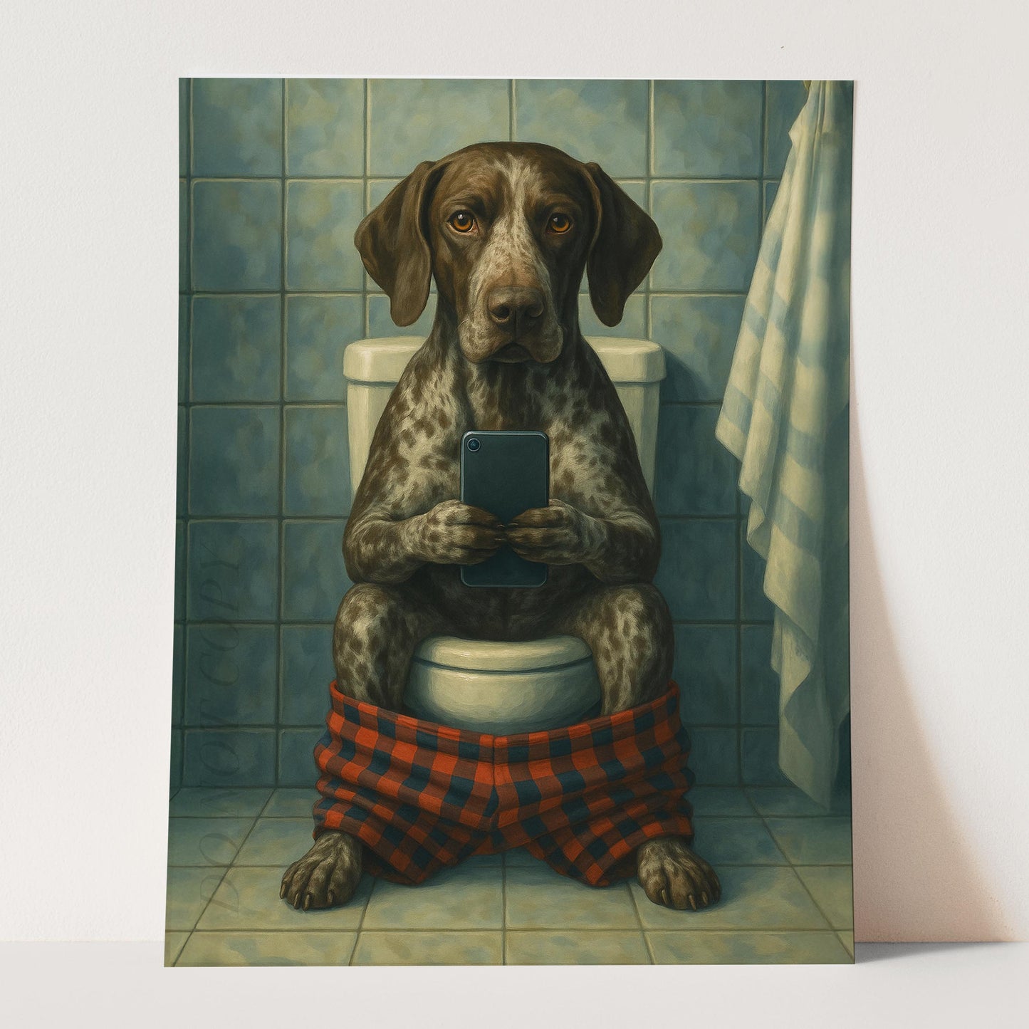 German Shorthaired Pointer Dog On The Phone On The Toilet