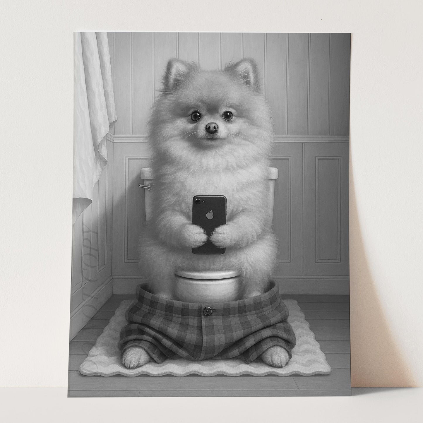 Pomeranian Dog On The Phone On The Toilet