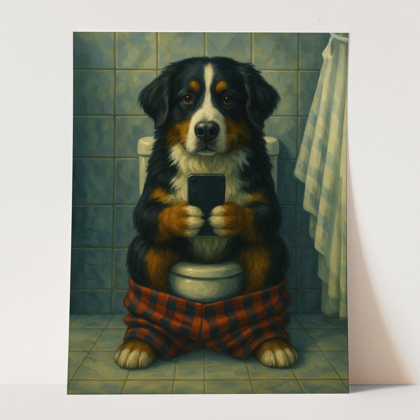 Bernese Mountain Dog On The Phone On The Toilet II