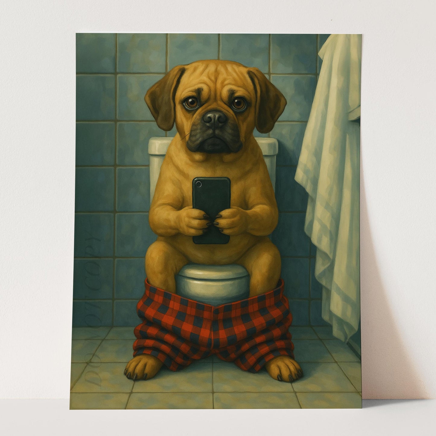 Puggle Dog On The Phone On The Toilet