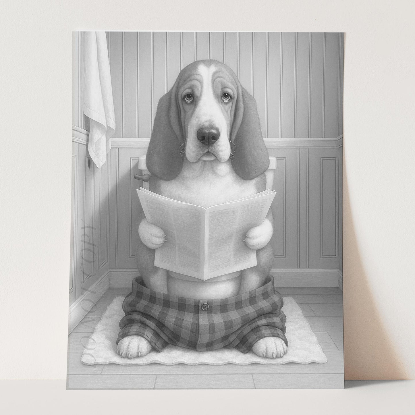 Basset Hound Dog Reading The Newspaper On The Toilet