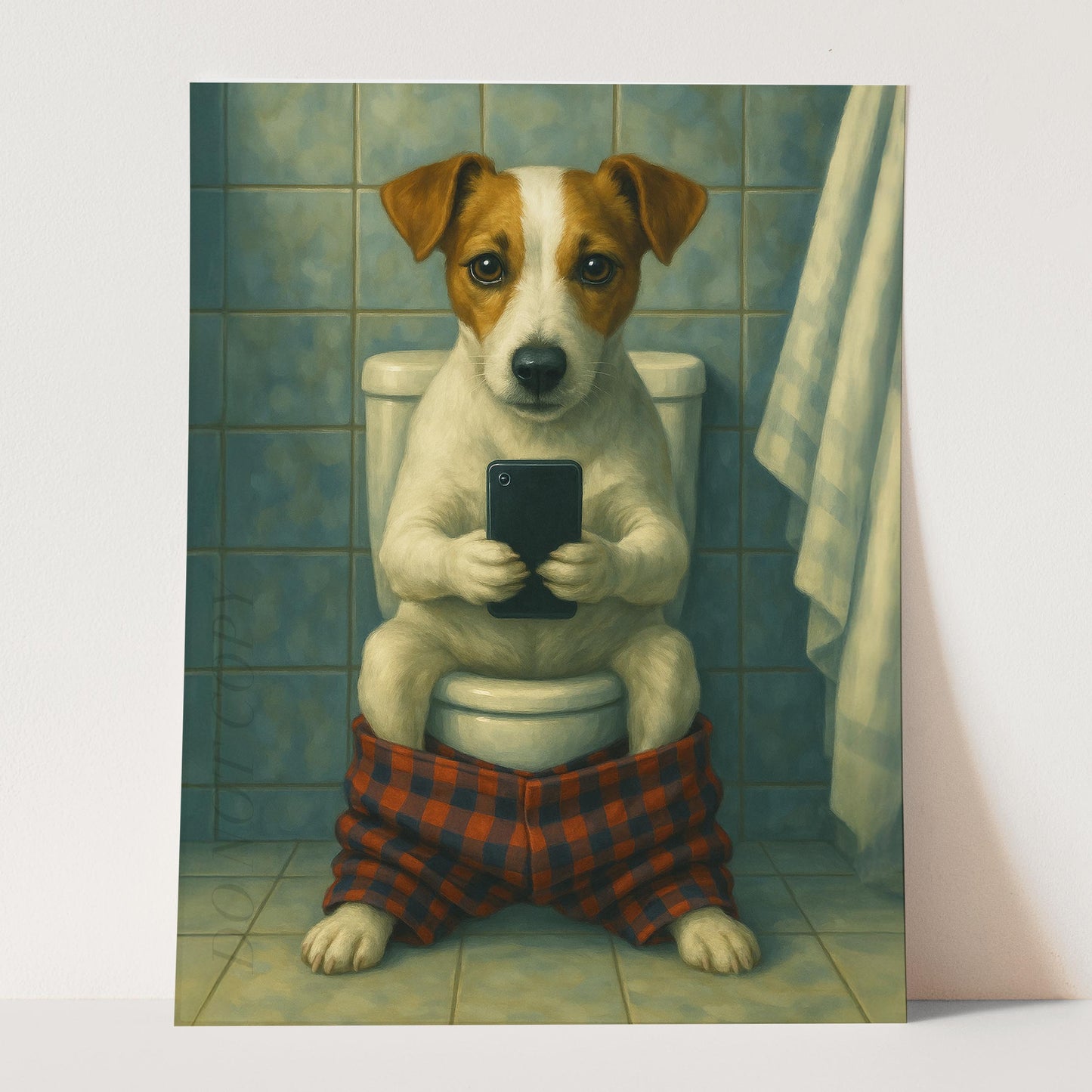 Jack Russell Terrier On The Phone On The Toilet