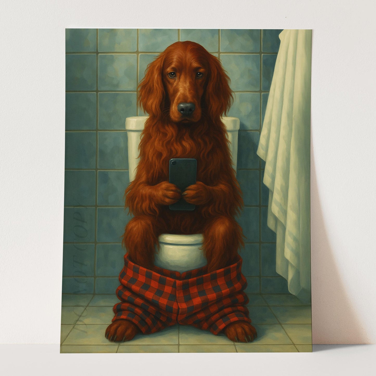 Irish Setter Dog On The Phone On The Toilet
