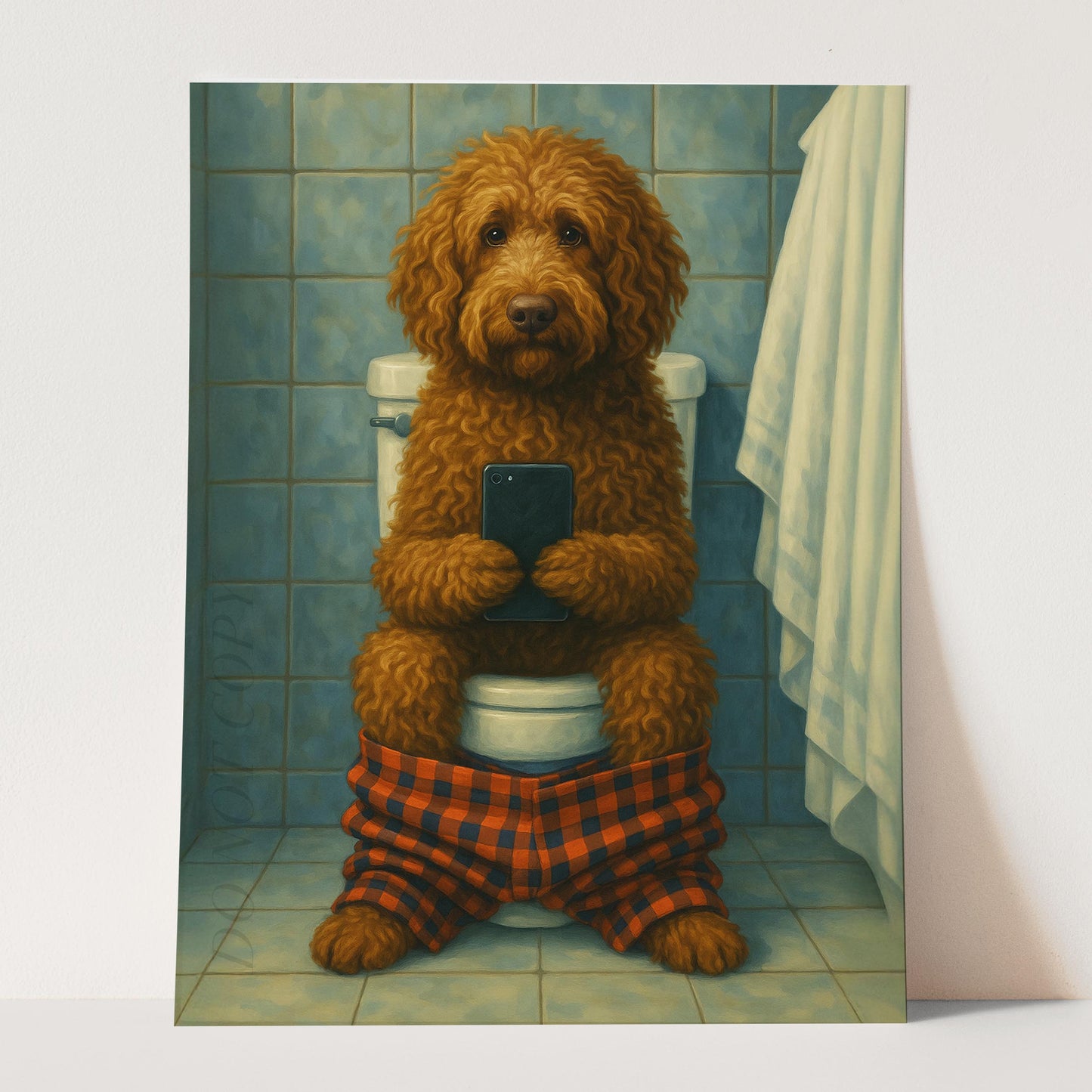 Labradoodle Dog On The Phone On The Toilet