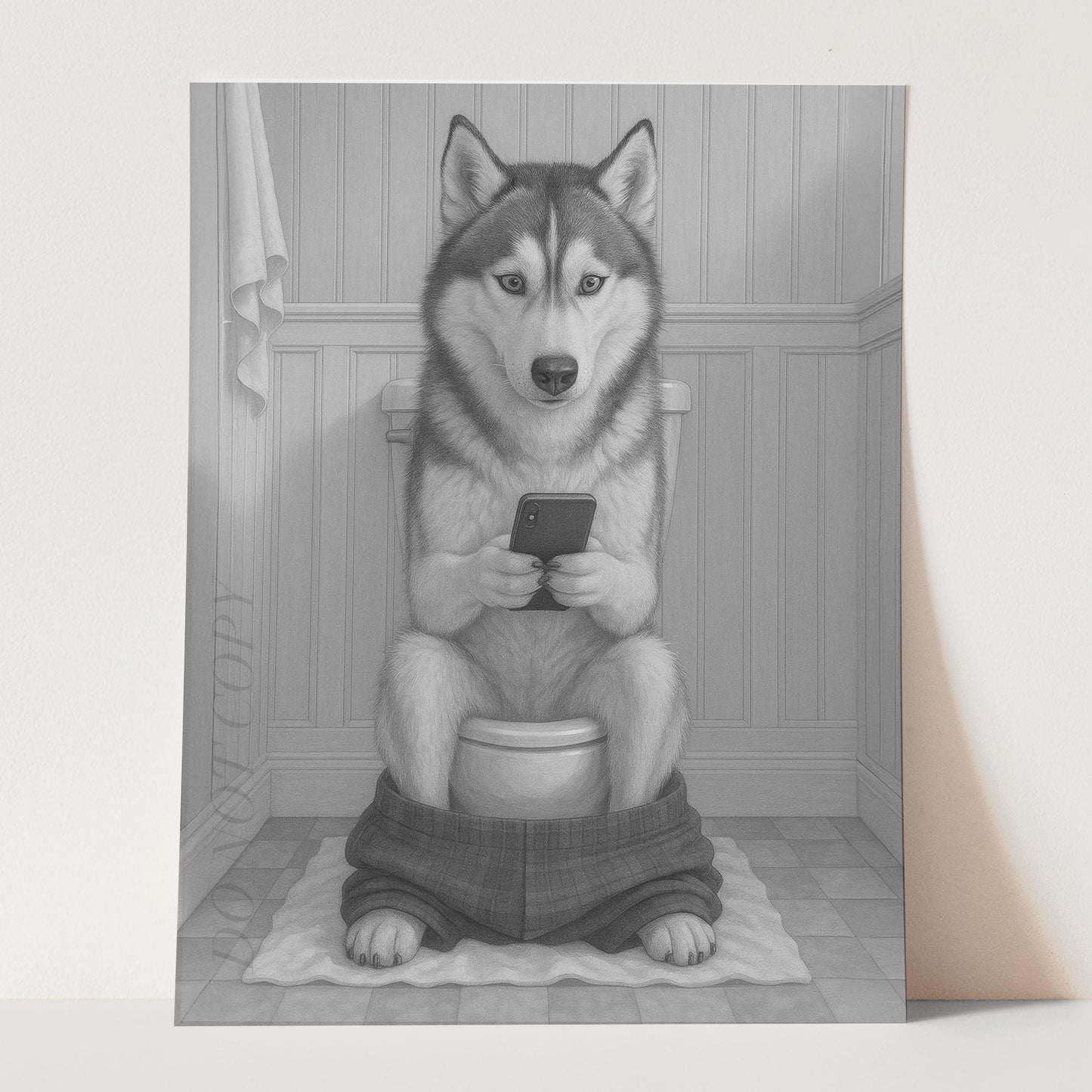 Husky Dog On The Phone On The Toilet