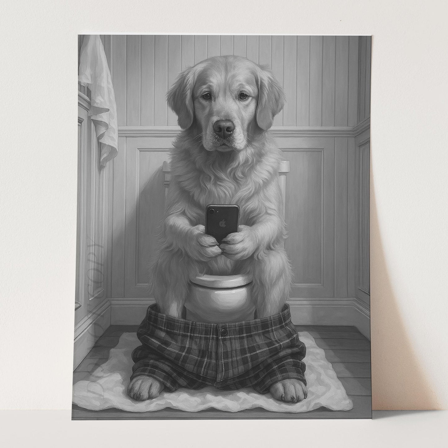 Golden Retriever Dog On The Phone On The Toilet