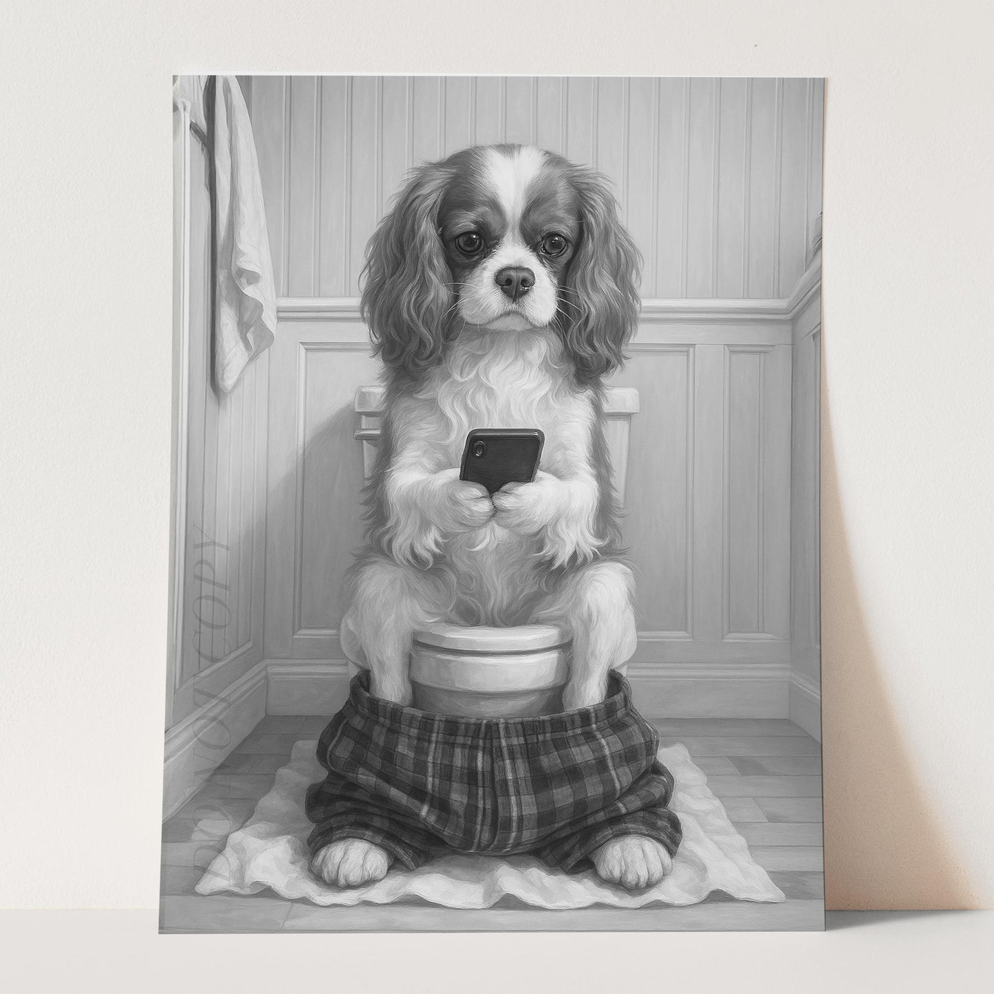 Cavalier King Charles Dog On The Phone On The Toilet