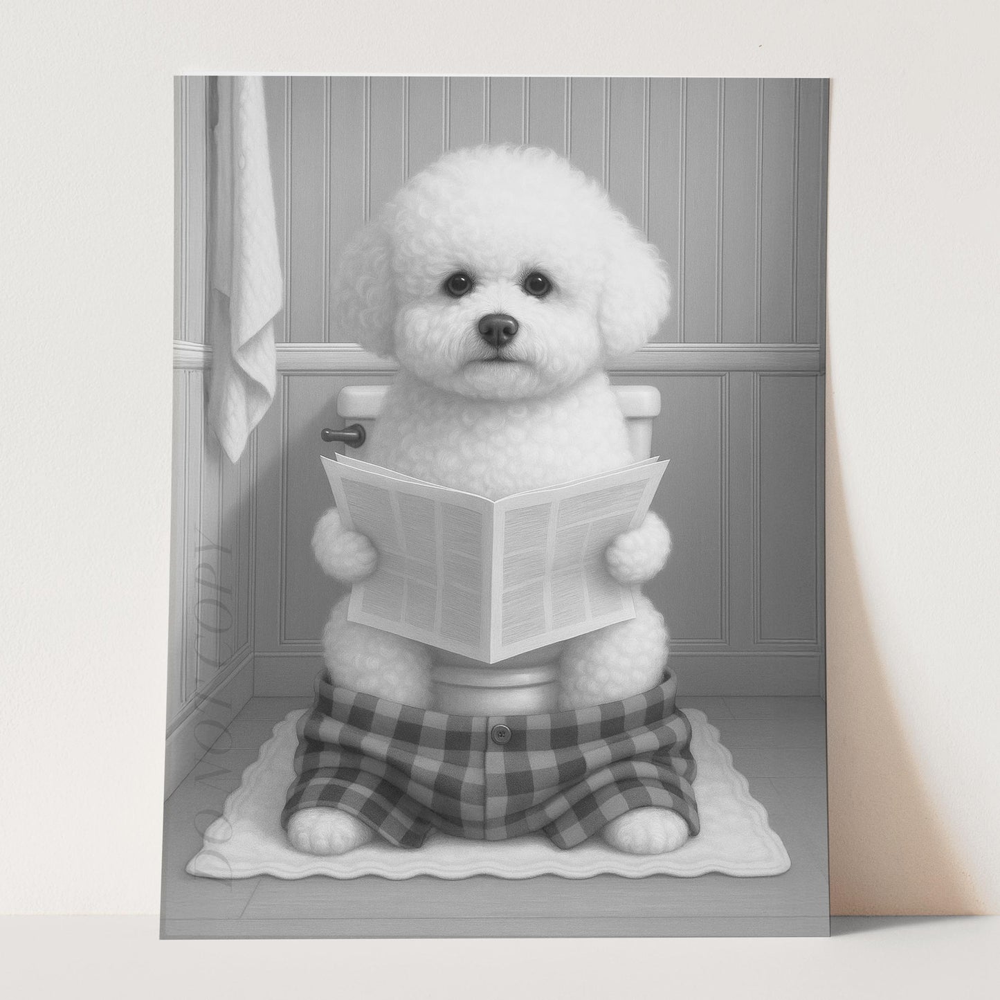 Bichon Frise Dog Reading The Newspaper On The Toilet