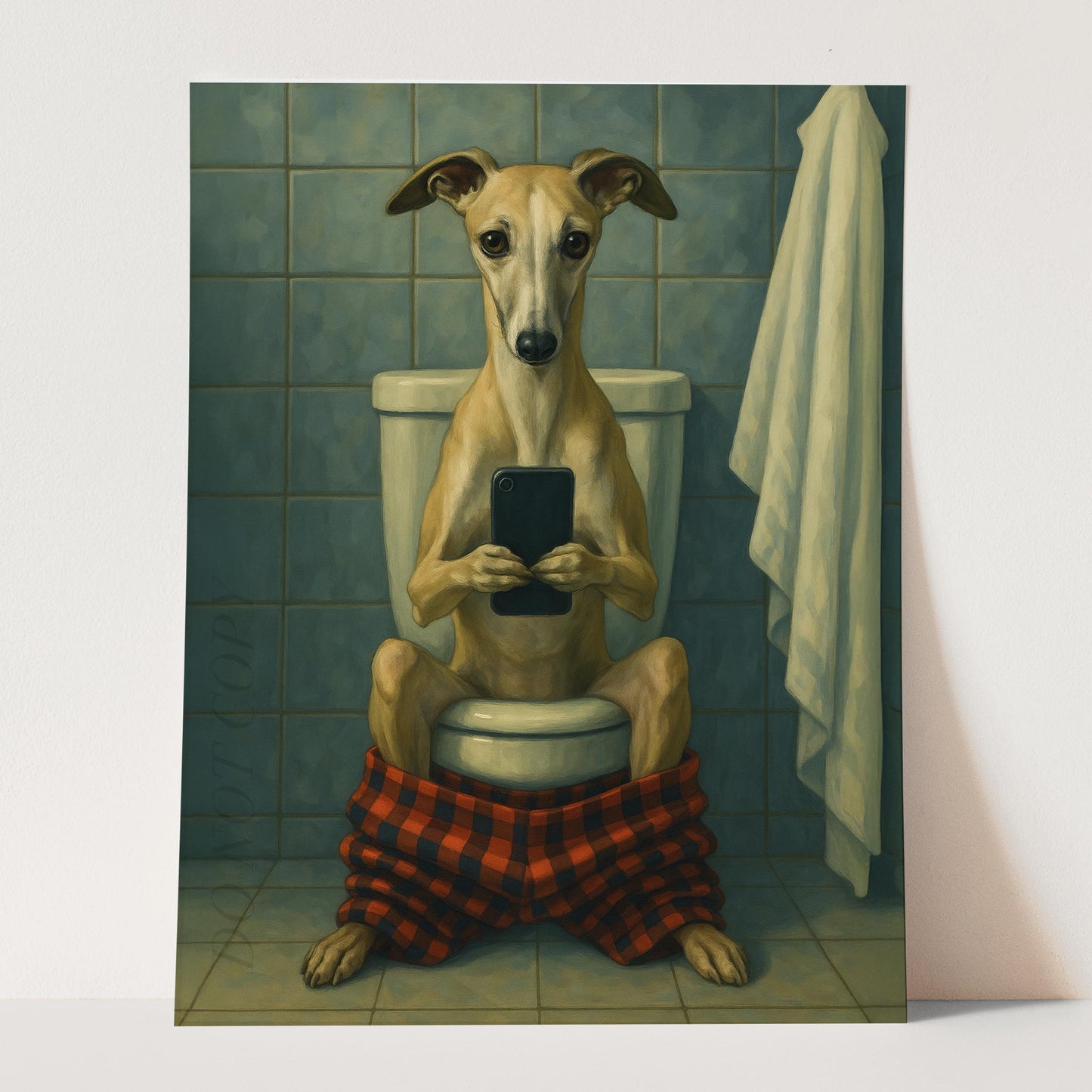 Whippet Dog On The Phone On The Toilet