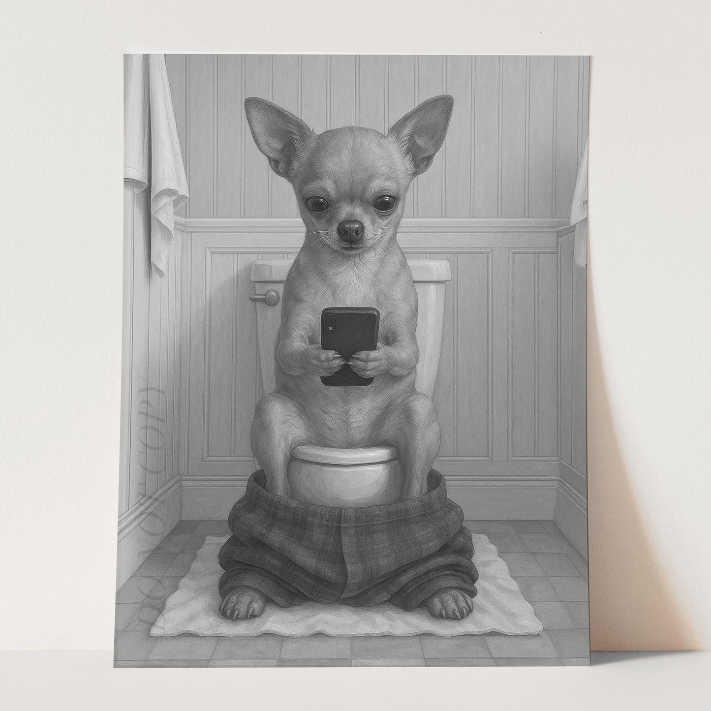 Chihuahua Dog On The Phone On The Toilet
