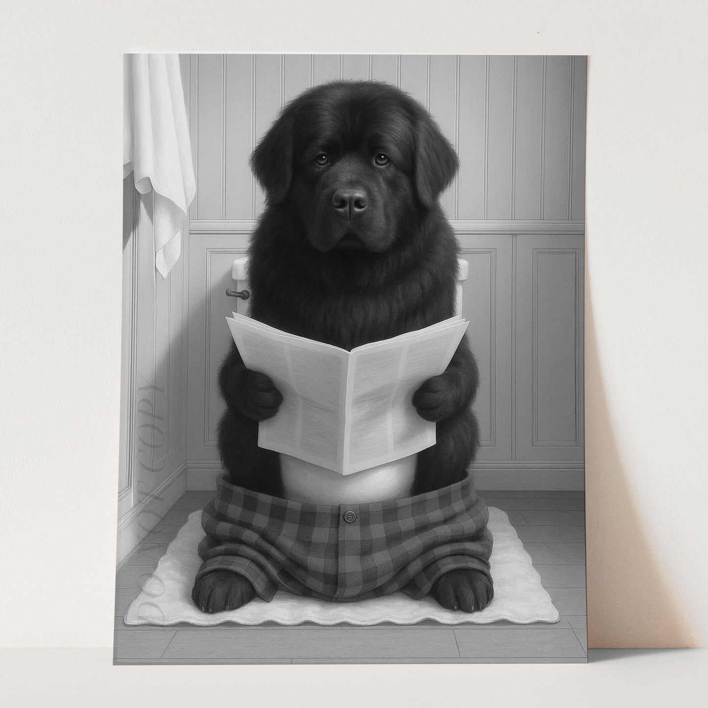 Newfoundland Dog Reading The Newspaper On The Toilet