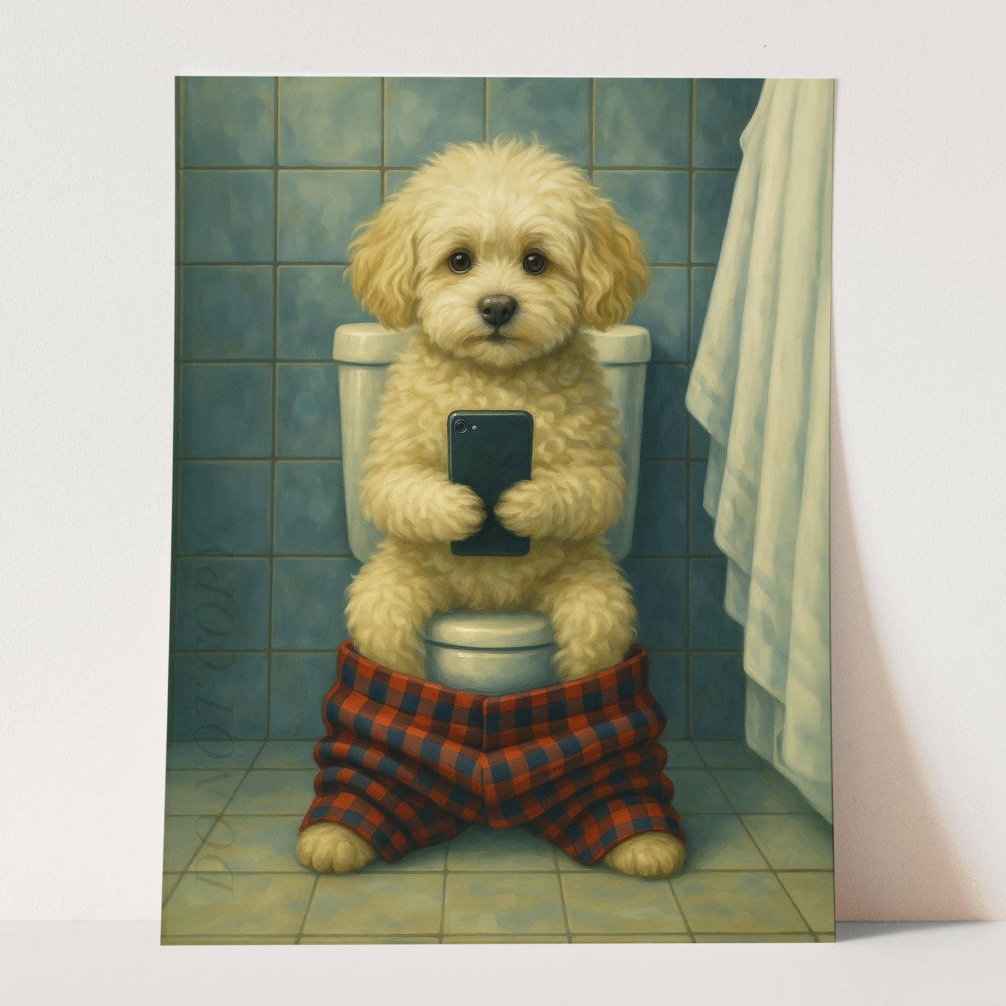 Maltipoo Dog On The Phone On The Toilet