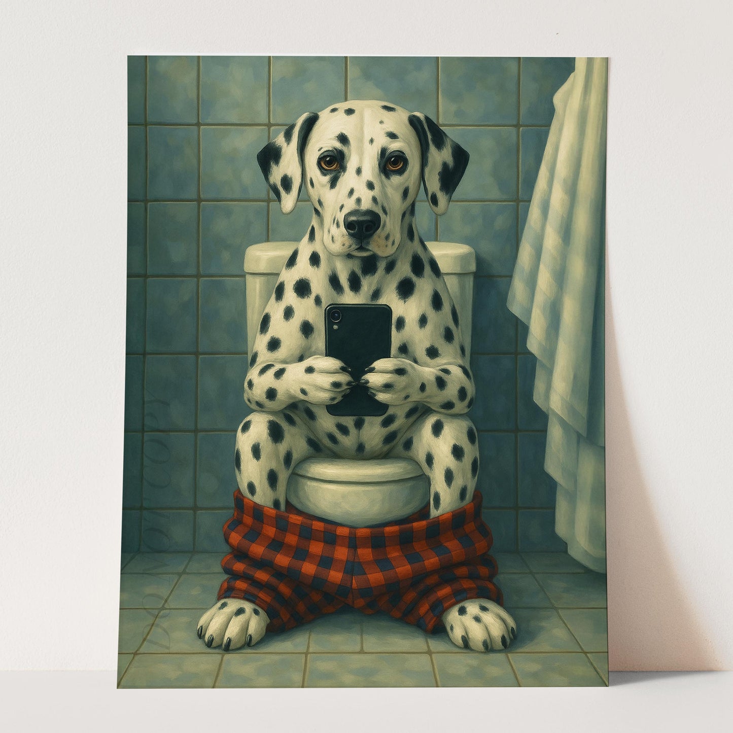 Dalmatian Dog On The Phone On The Toilet