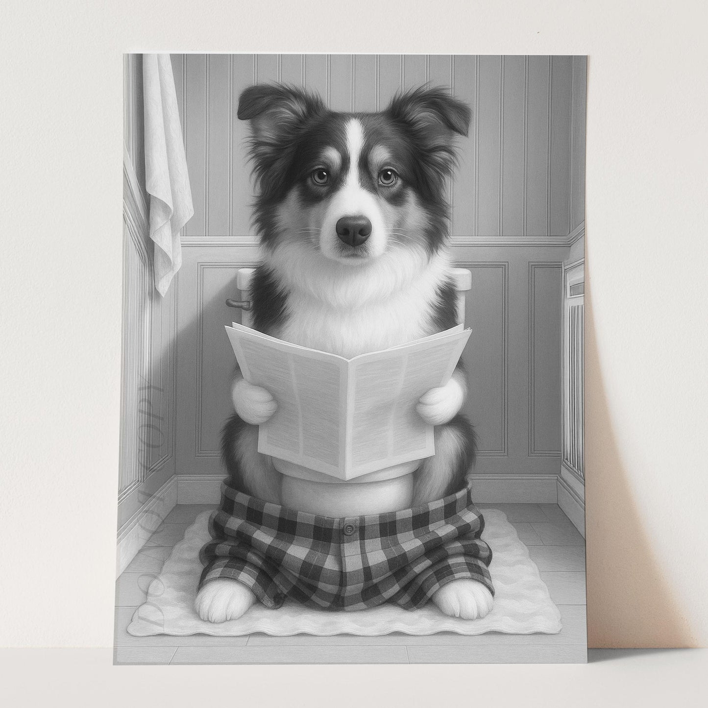 Australian Shepherd Dog On The Phone On The Toilet