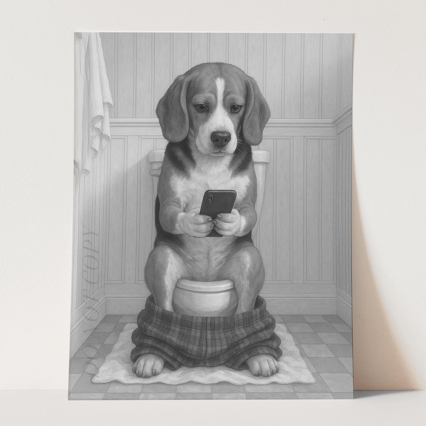 Beagle Dog On The Phone On The Toilet