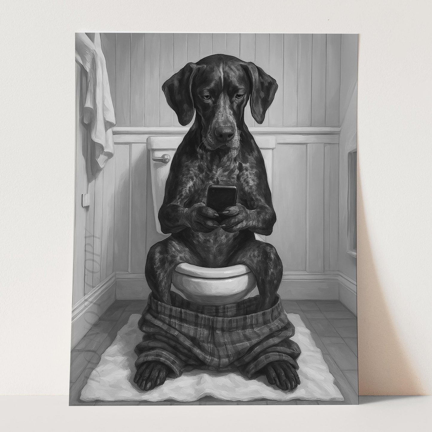 German Shorthaired Pointer Dog On The Phone On The Toilet
