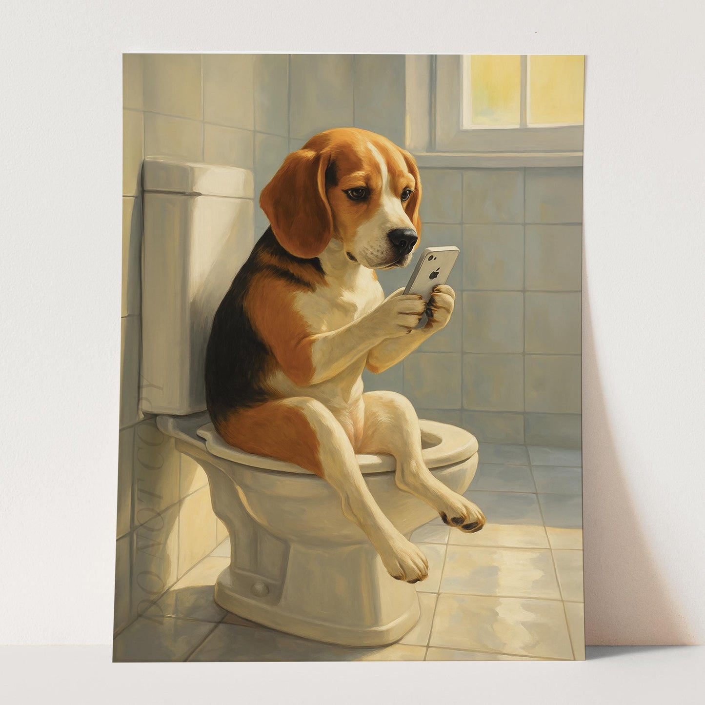 Beagle Dog On The Phone On The Toilet