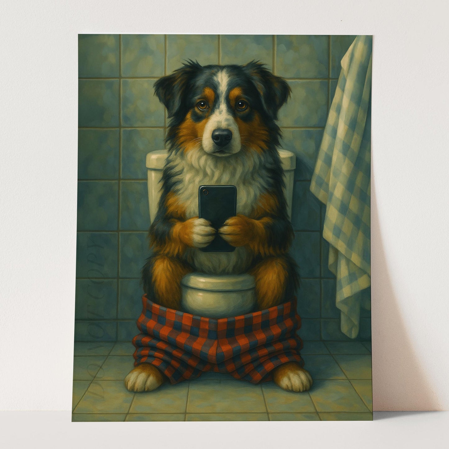 Australian Shepherd Dog On The Phone On The Toilet