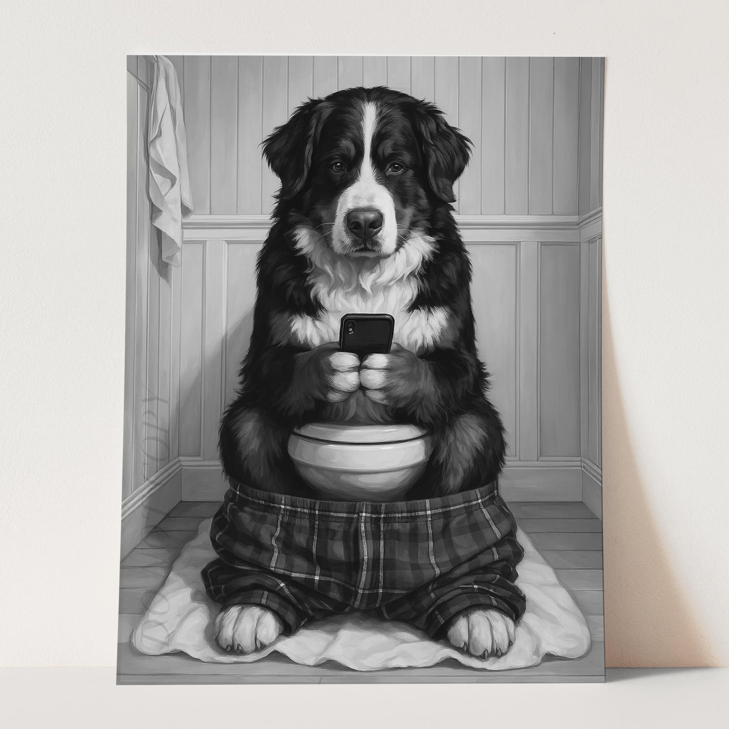 Bernese Mountain Dog On The Phone On The Toilet