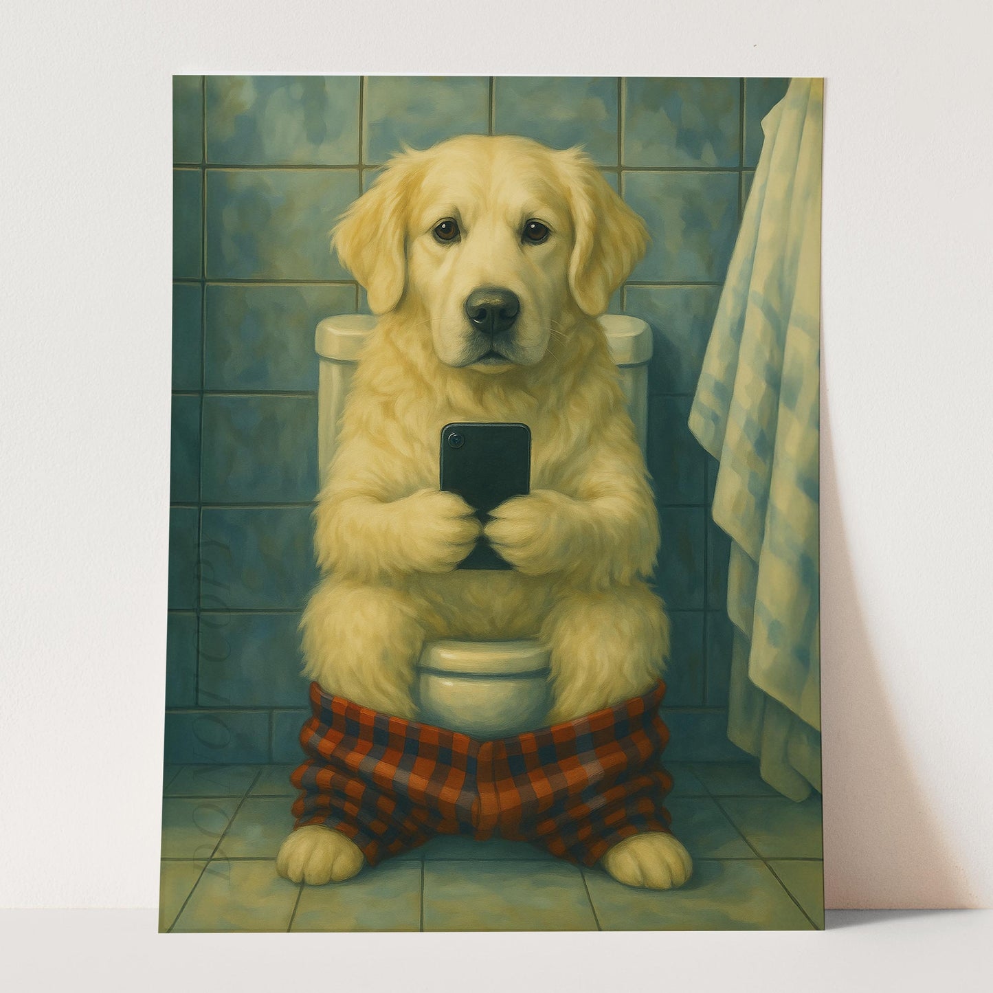 English Cream Golden Retriever On The Phone On The Toilet