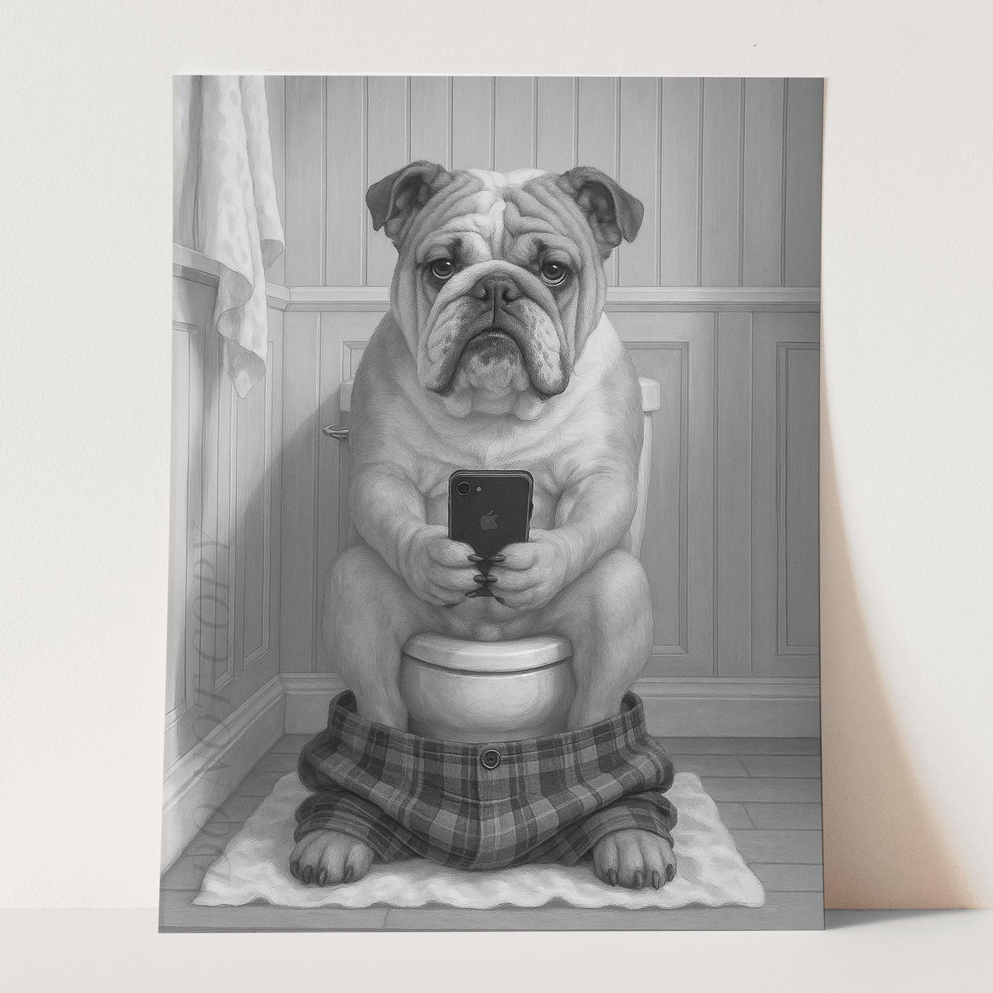 Bulldog On The Phone On The Toilet