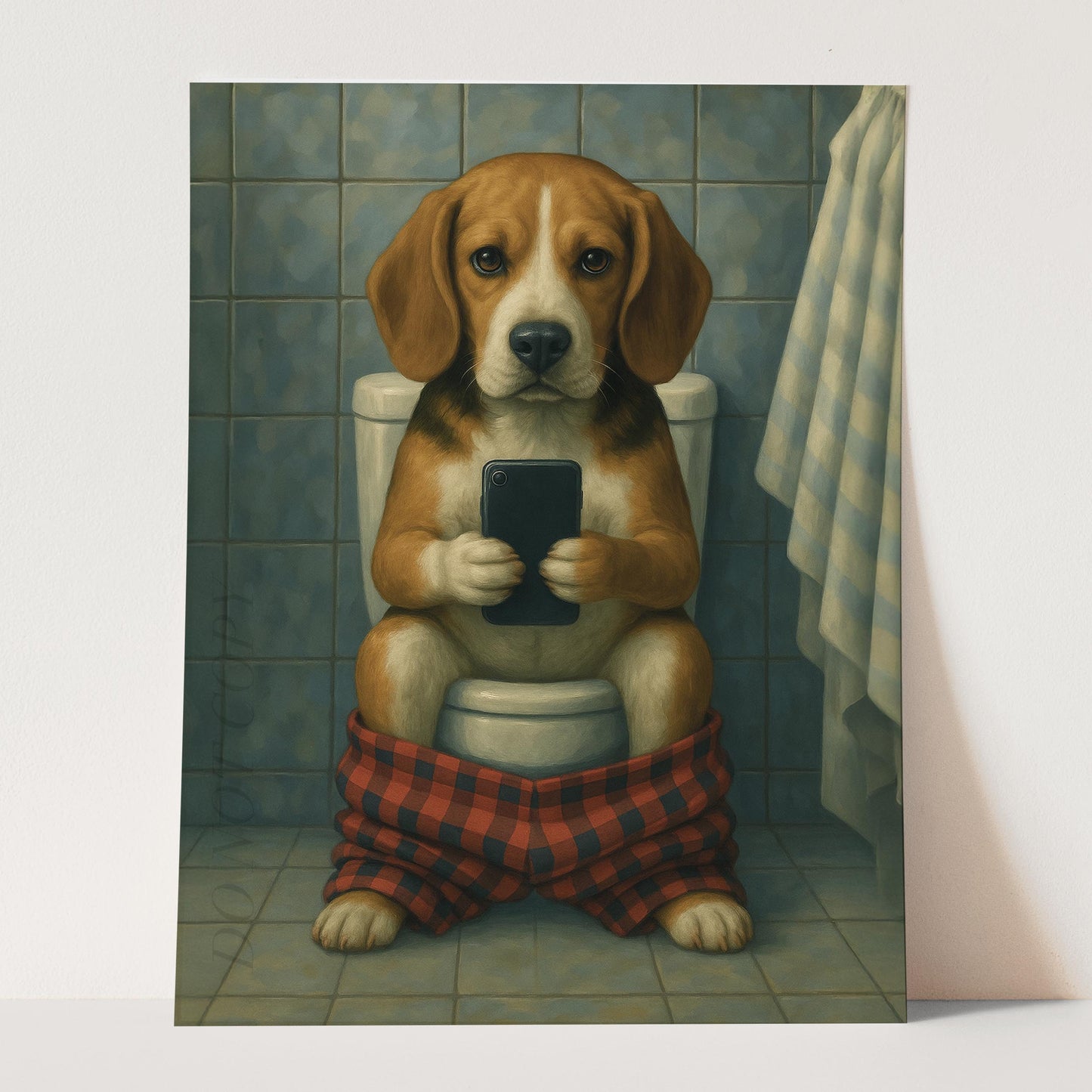 Beagle Dog On The Phone On The Toilet