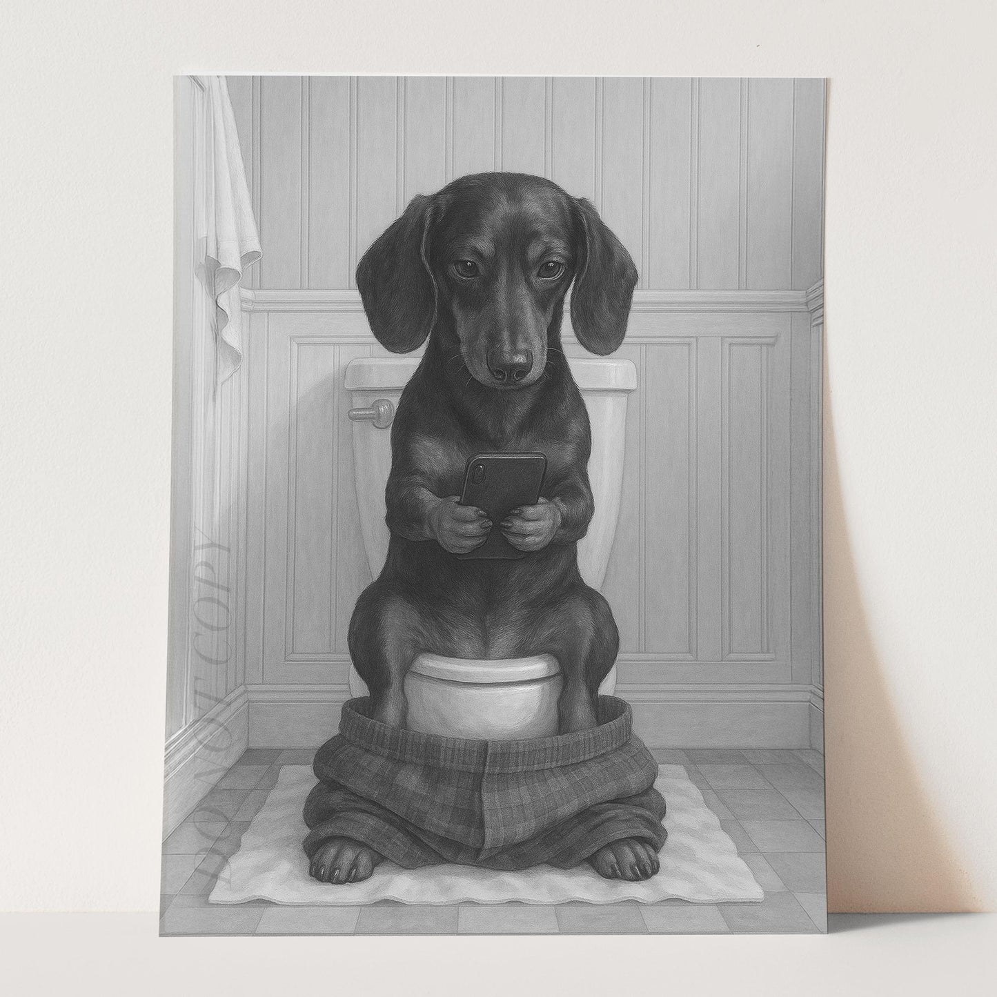 Dachshund Dog On The Phone On The Toilet