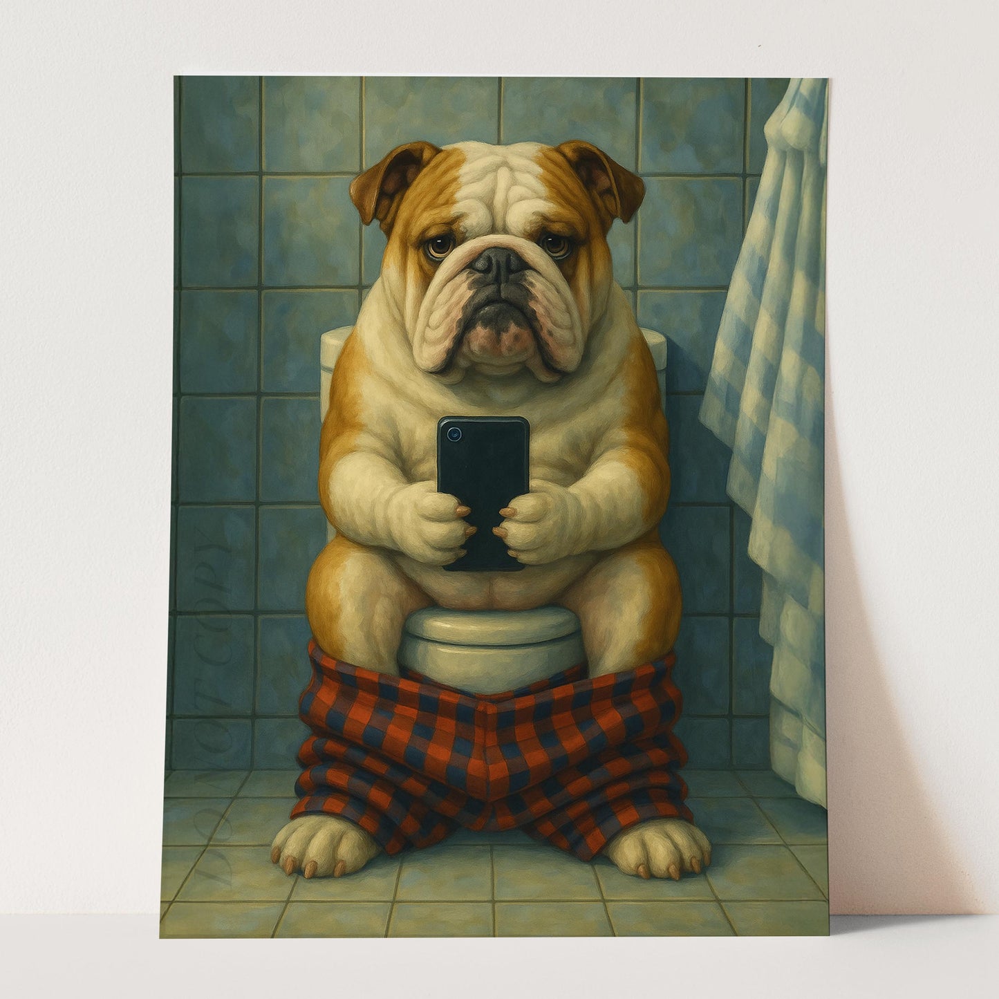 Bulldog On The Phone On The Toilet