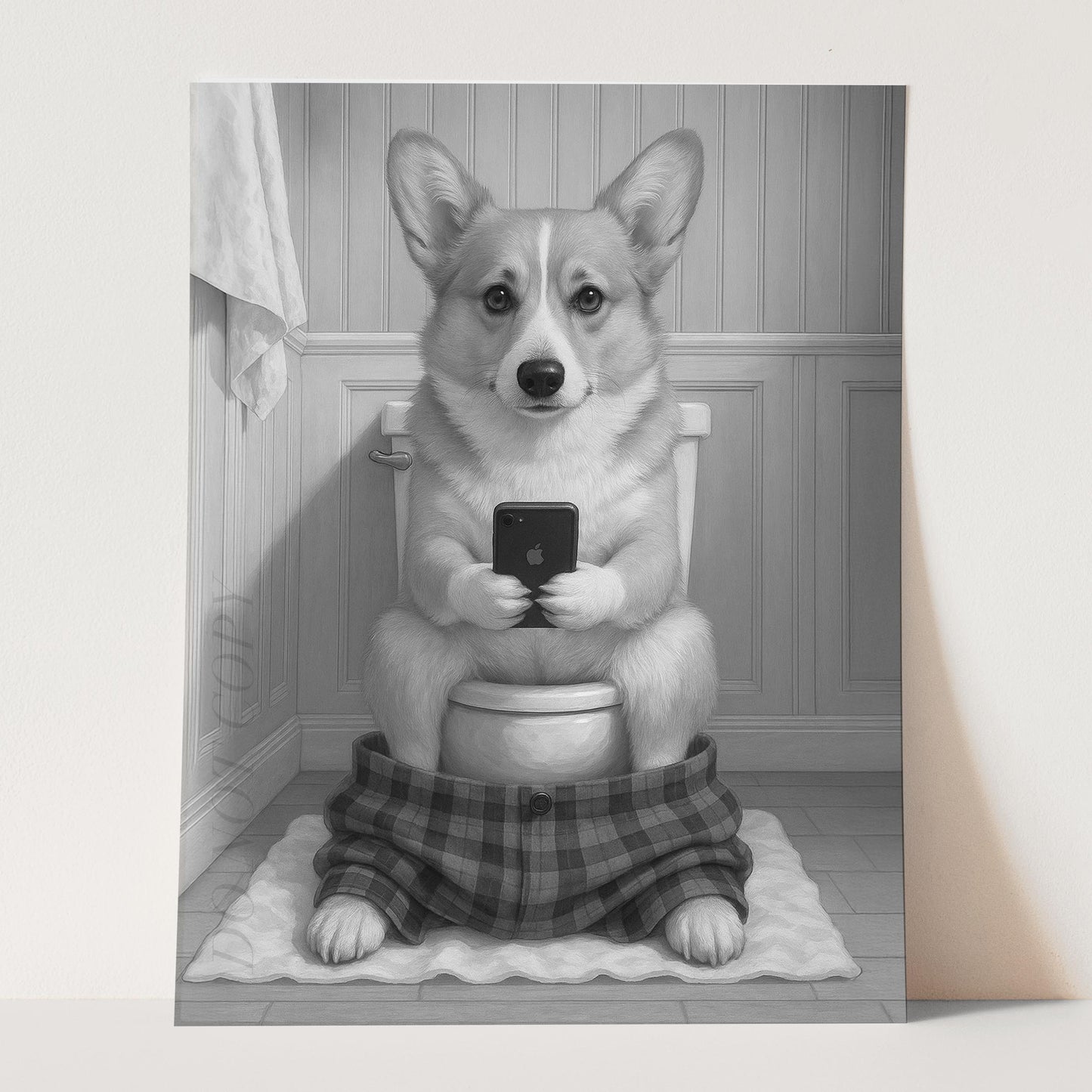 Pembroke Welsh Corgi Dog On The Phone On The Toilet