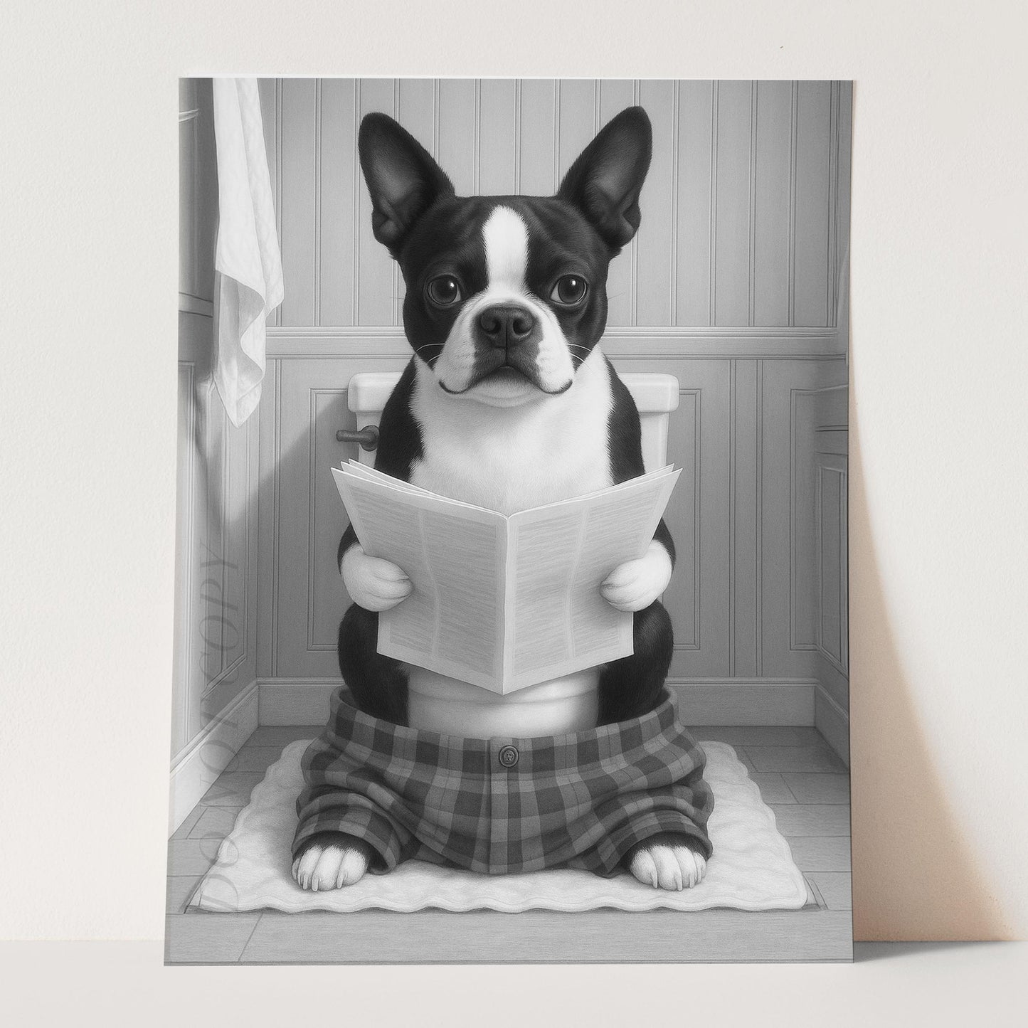 Boston Terrier Dog Reading The Newspaper On The Toilet