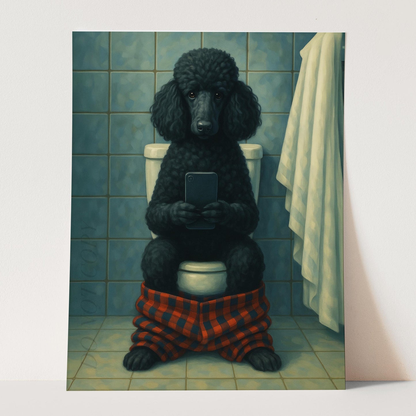 Black Poodle Dog On The Phone On The Toilet