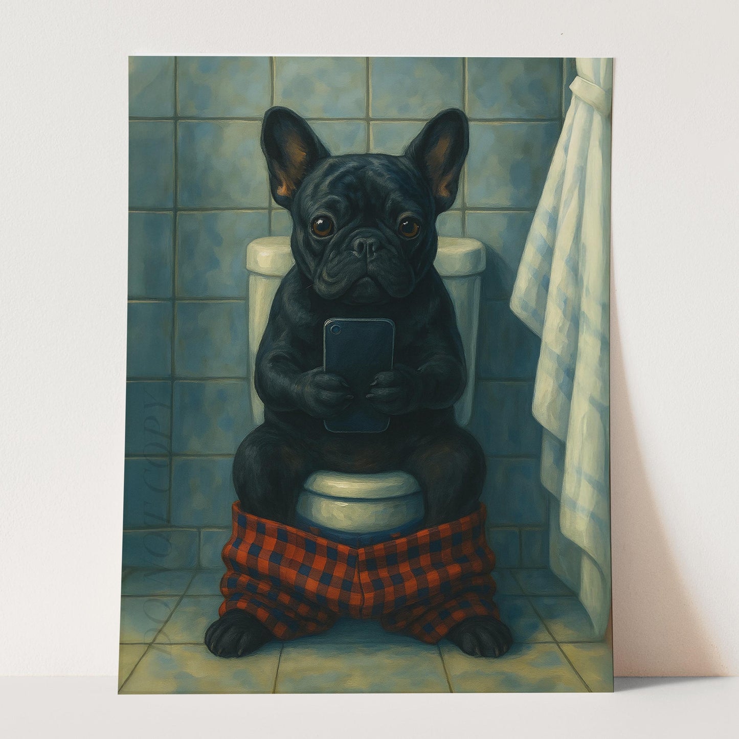 French Bulldog On The Phone On The Toilet