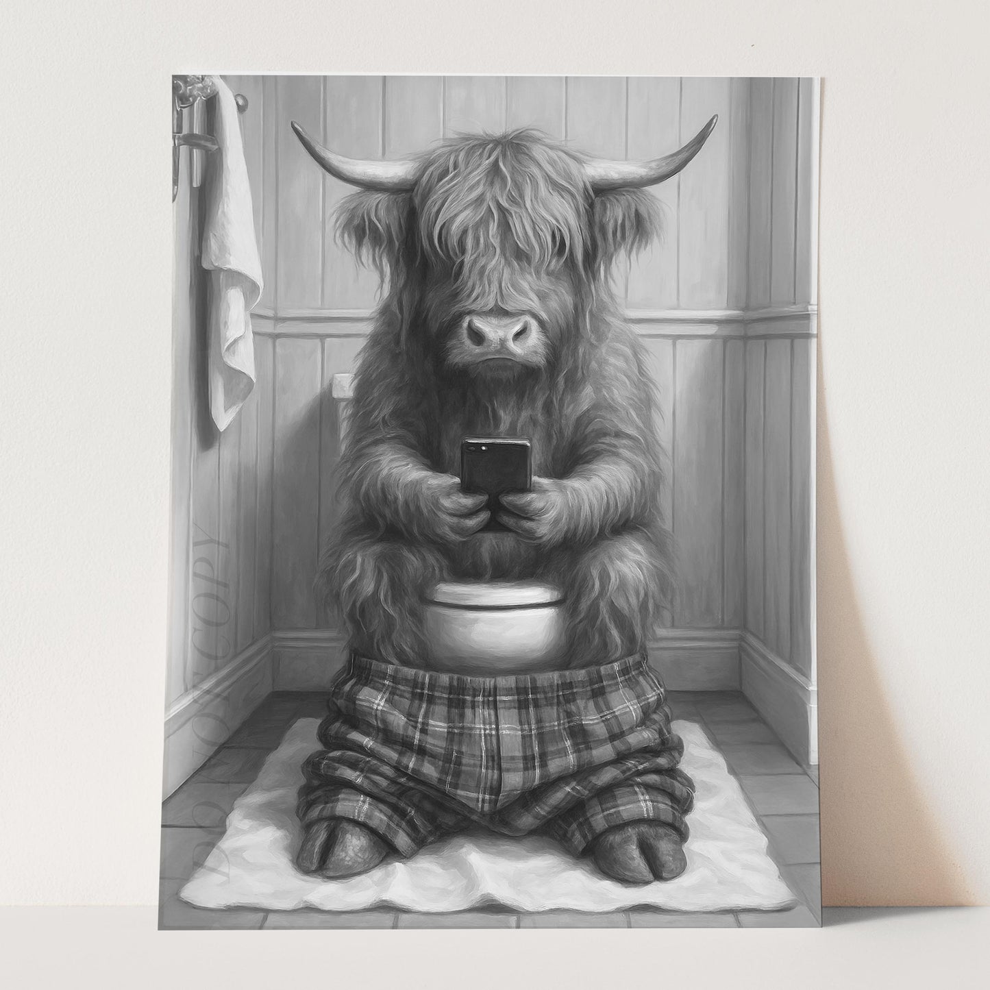 Highland Cow On The Phone On The Toilet
