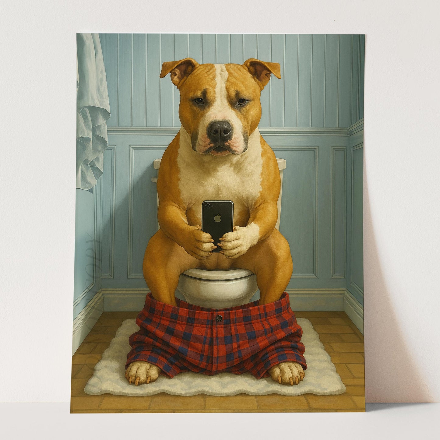 American Staffordshire Terrier Dog On The Phone On The Toilet