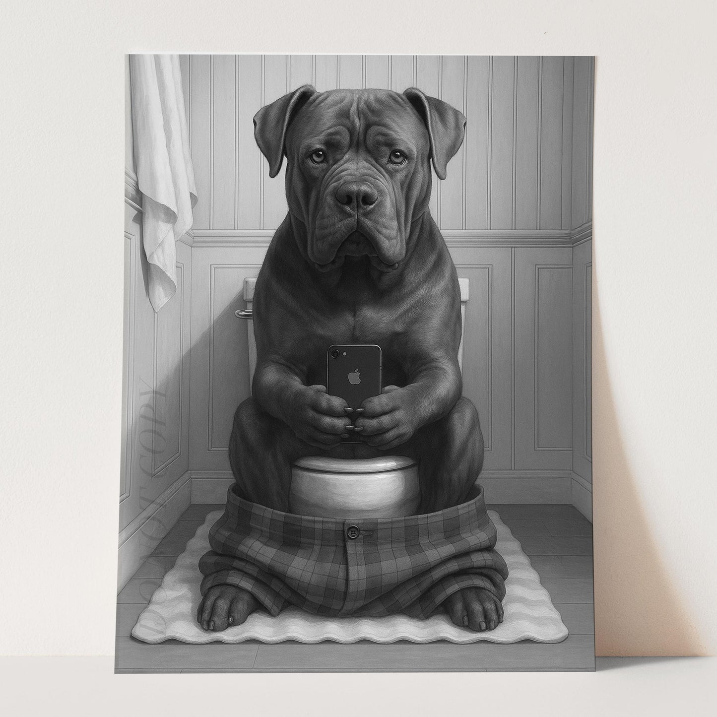 Cane Corso Dog On The Phone On The Toilet