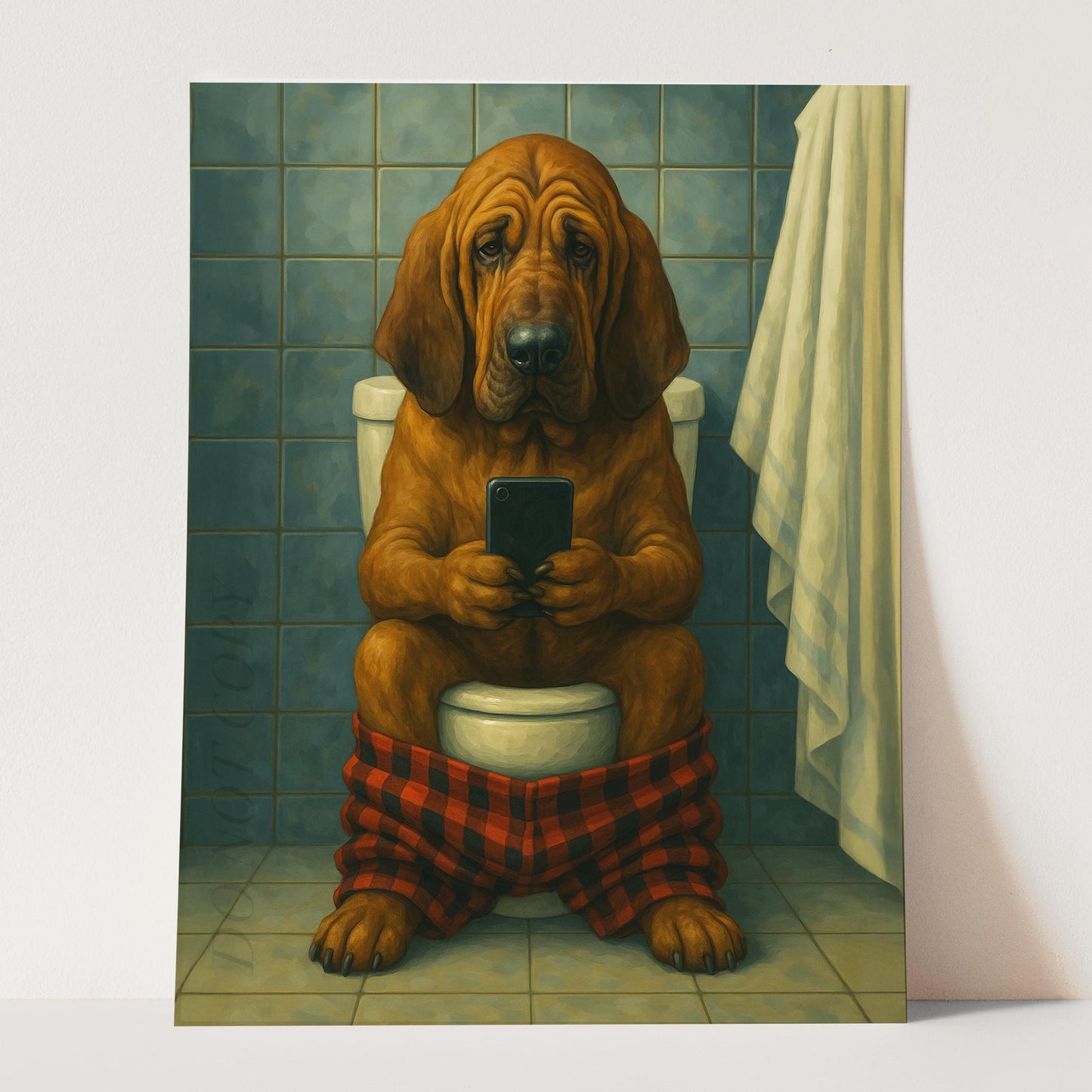 Bloodhound Dog On The Phone On The Toilet
