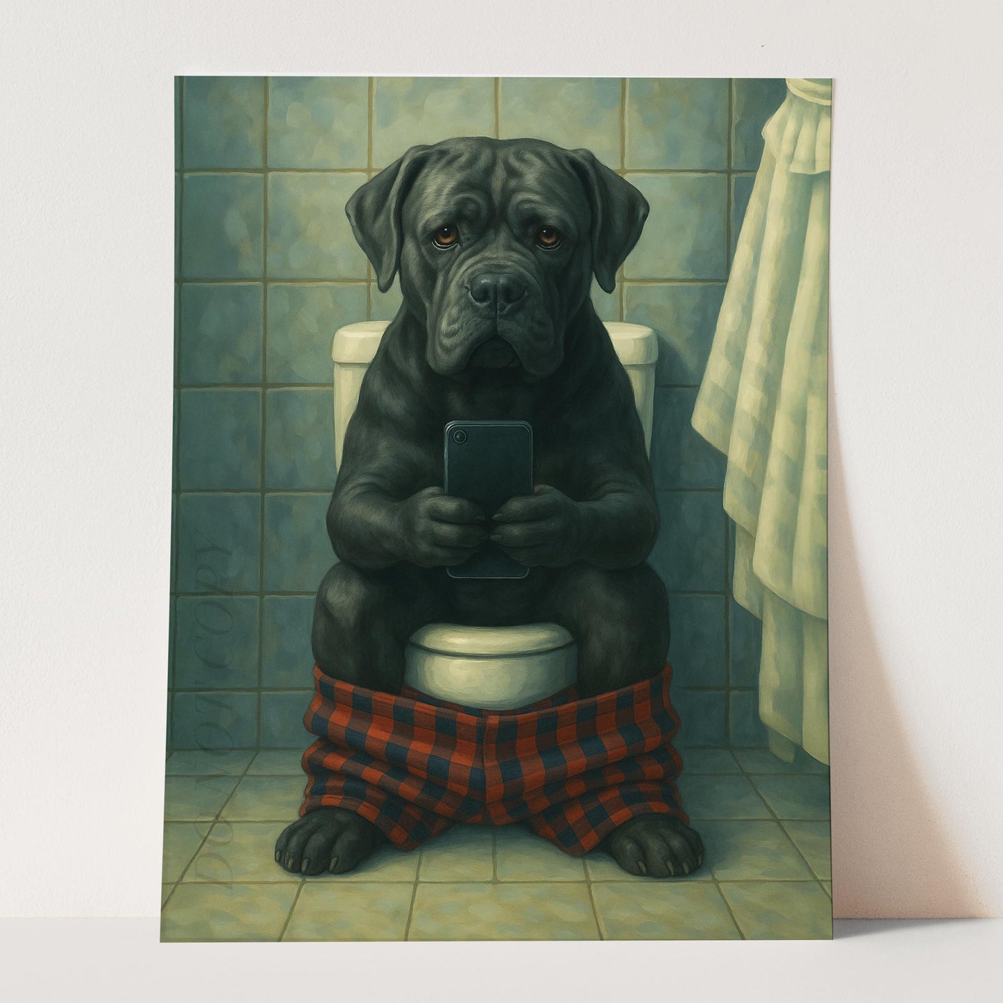 Cane Corso Dog On The Phone On The Toilet