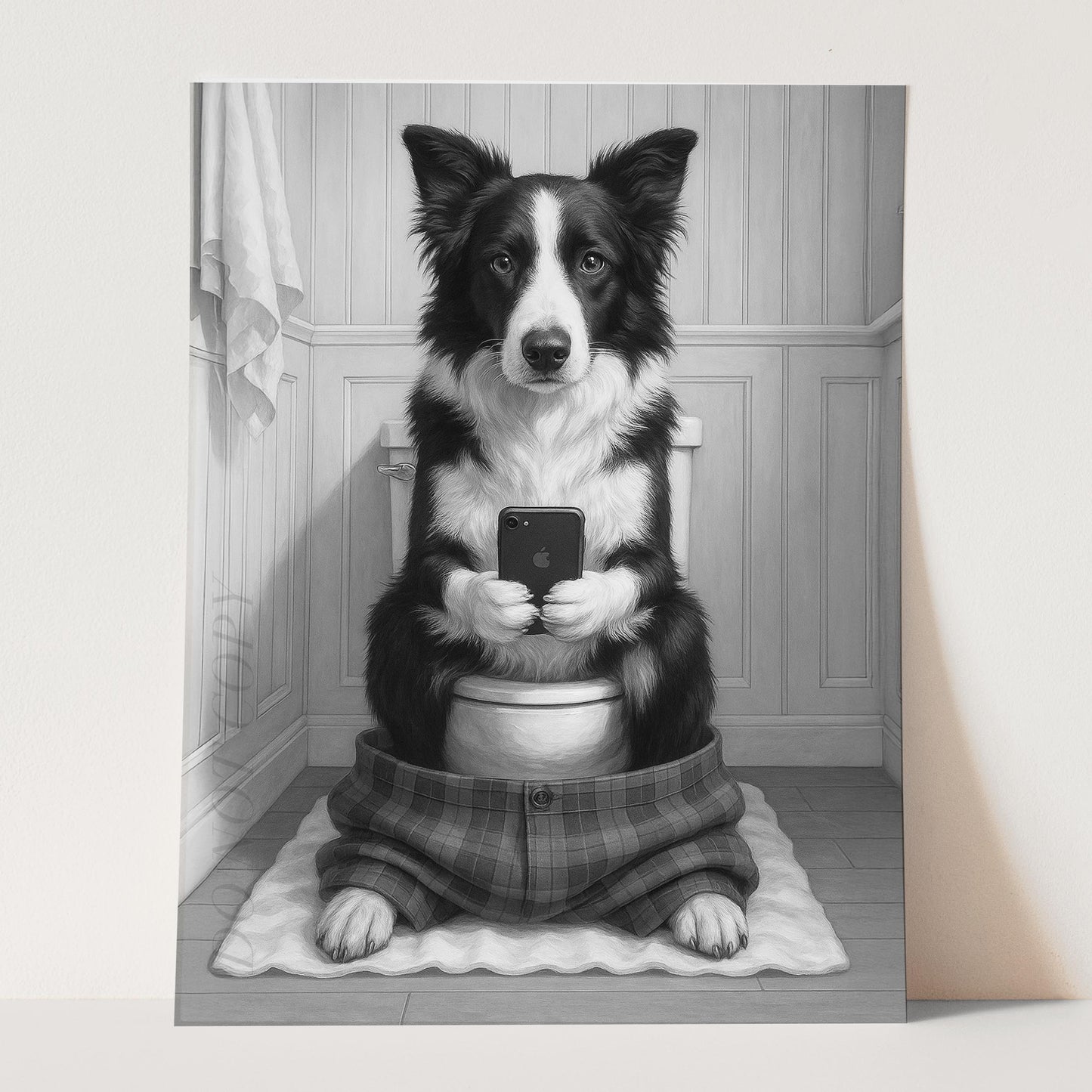Border Collie Dog On The Phone On The Toilet