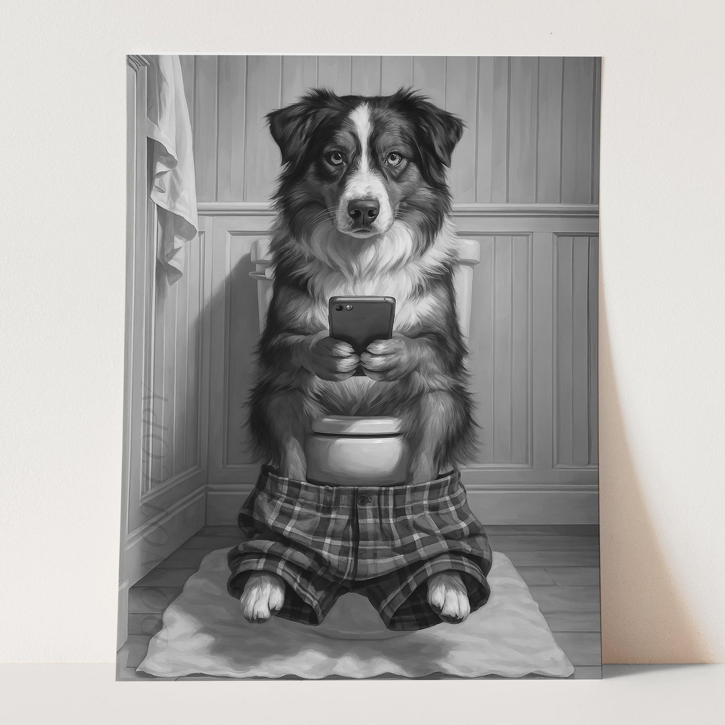 Australian Shepherd Dog On The Phone On The Toilet