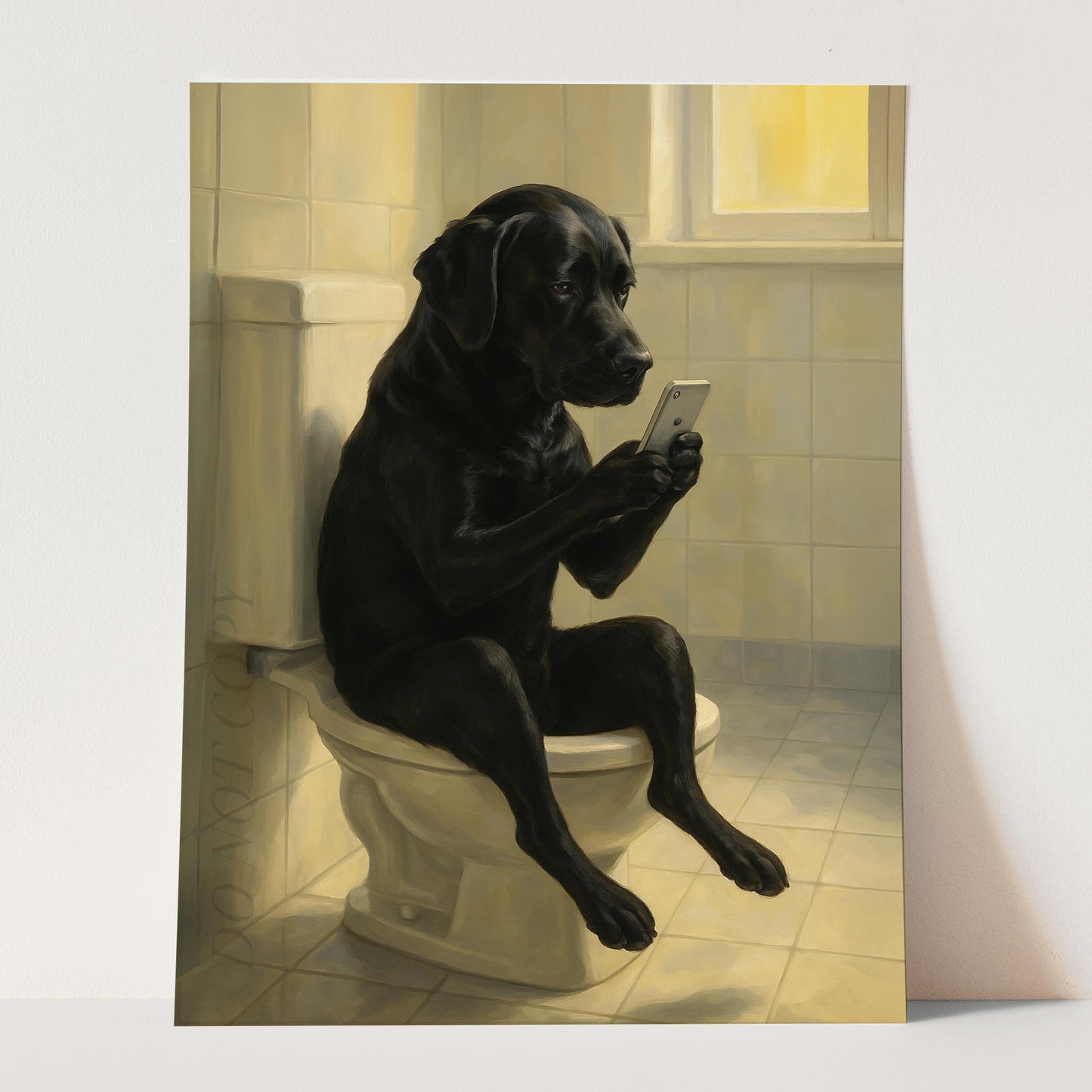 Black Labrador Dog On The Phone On The Toilet