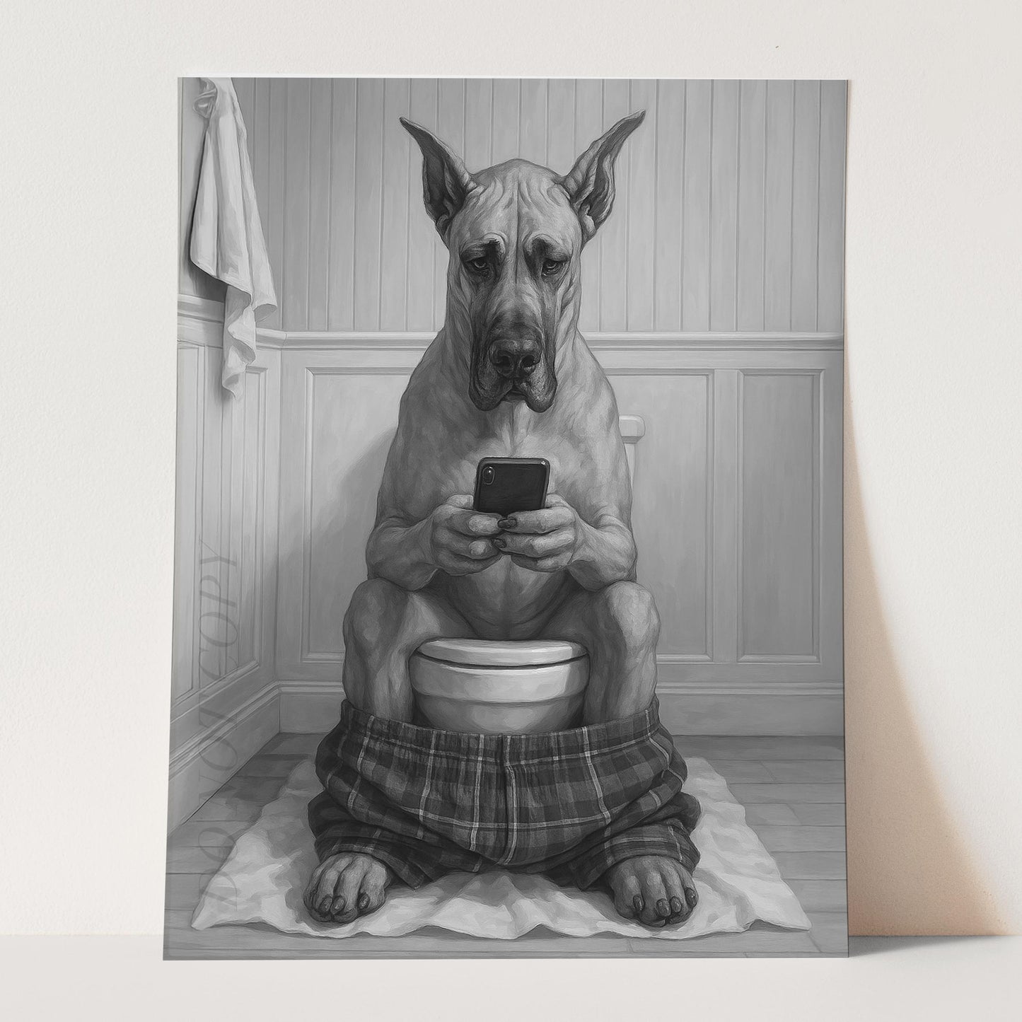 Great Dane Dog On The Phone On The Toilet