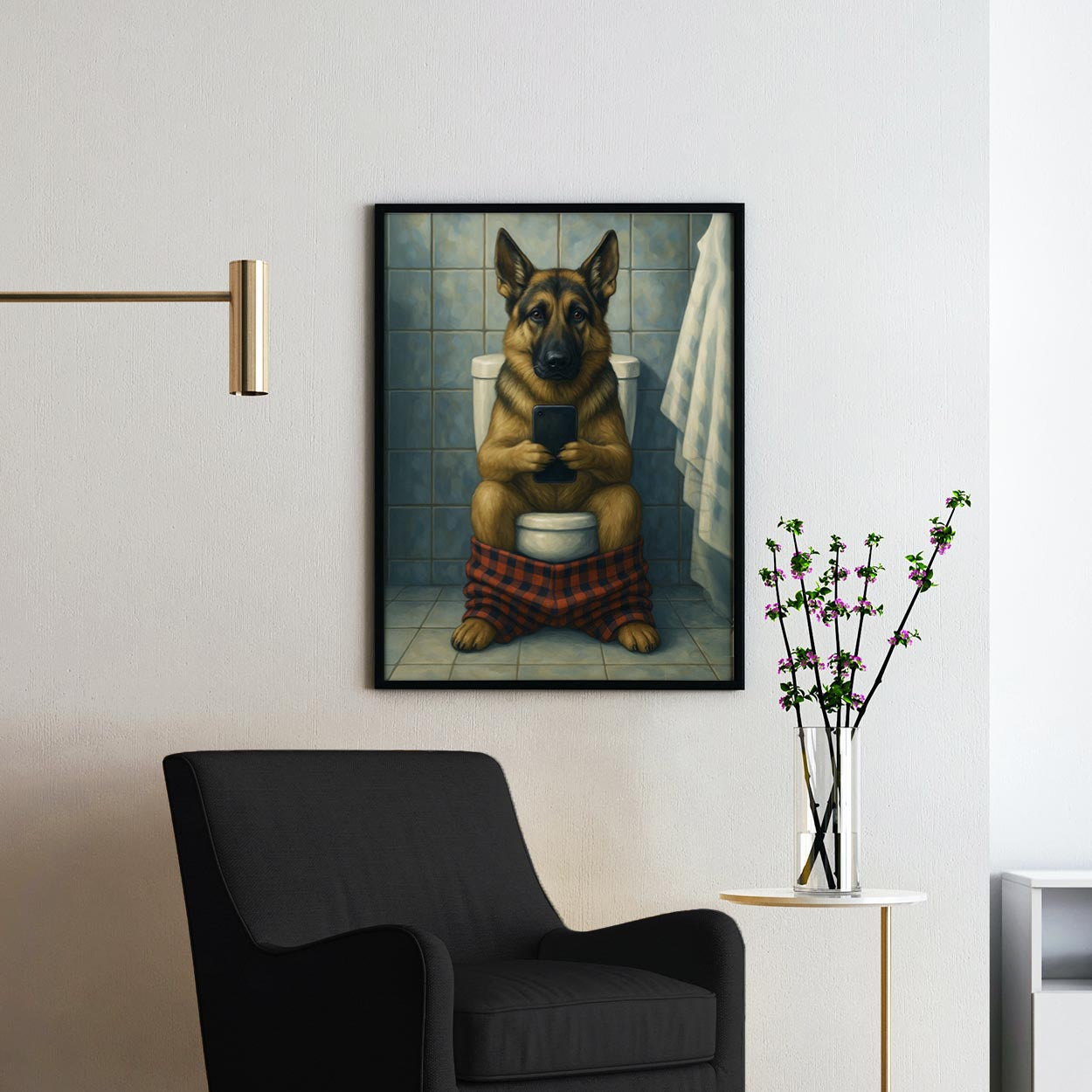 German Shepherd Dog On The Phone On The Toilet