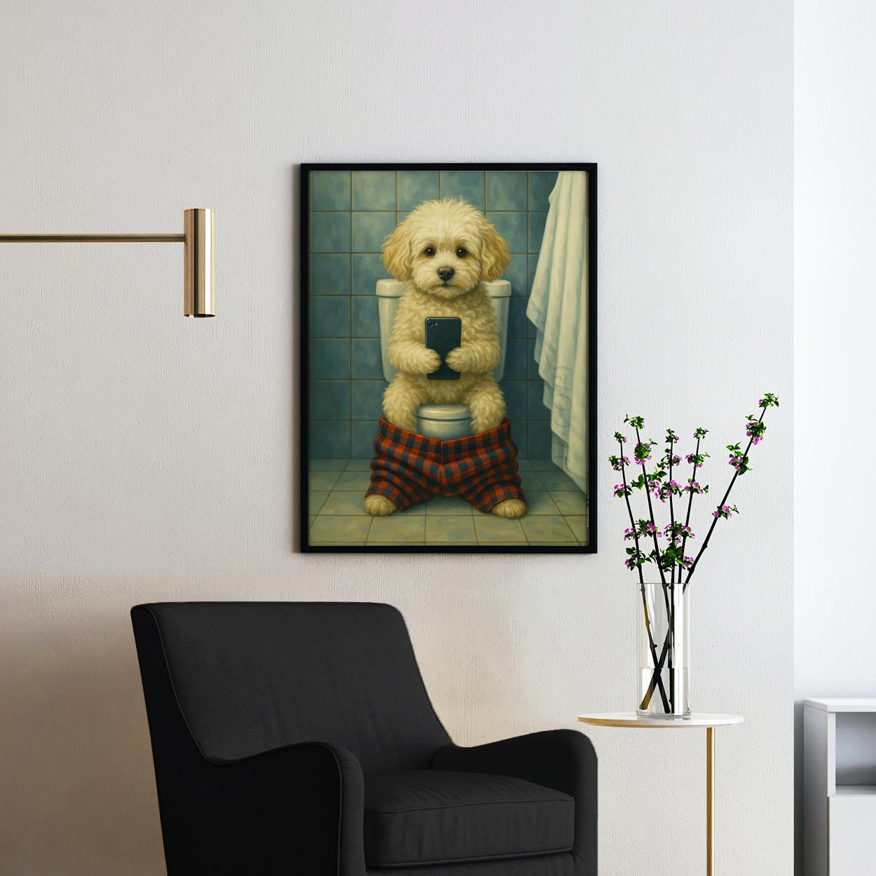 Maltipoo Dog On The Phone On The Toilet