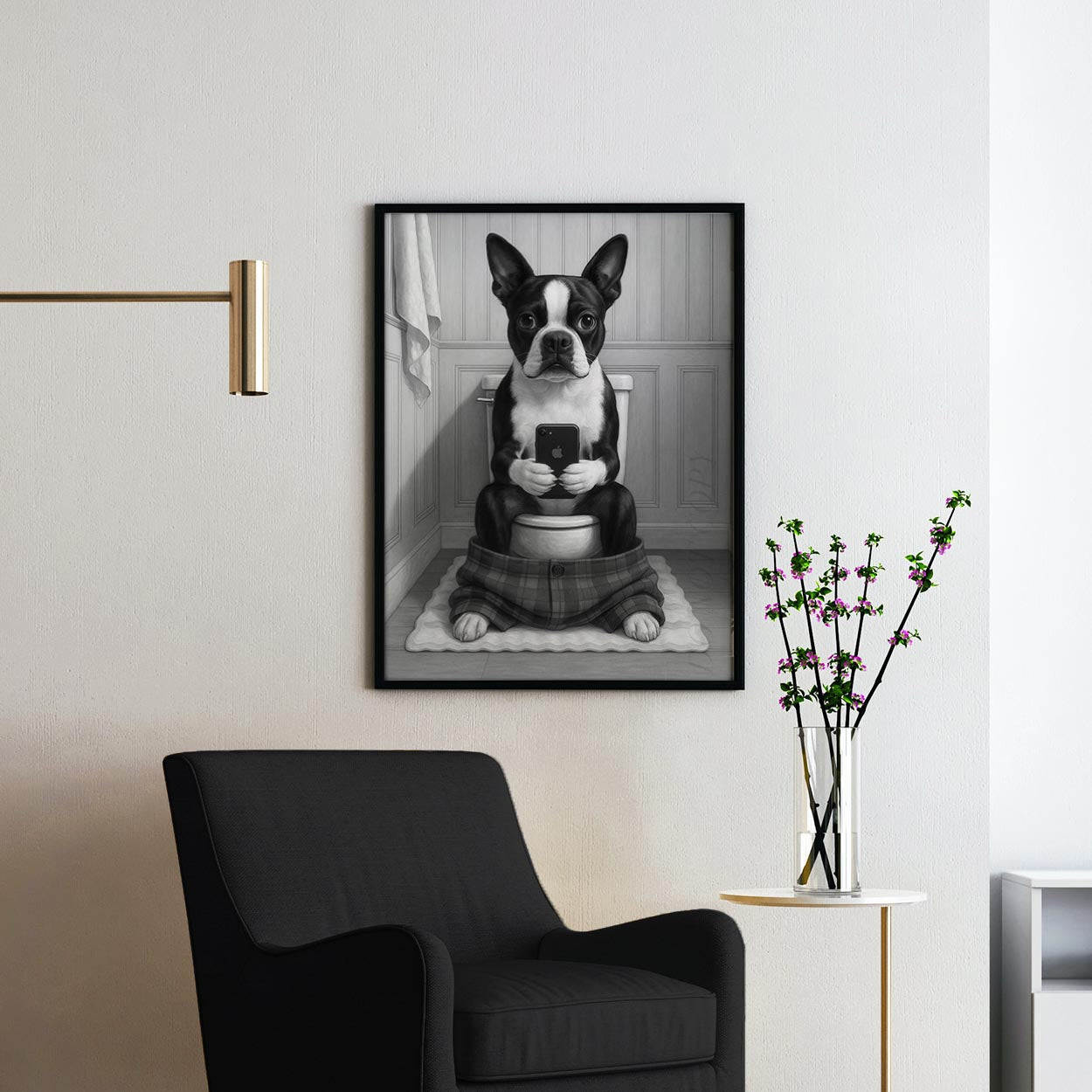 Boston Terrier Dog On The Phone On The Toilet