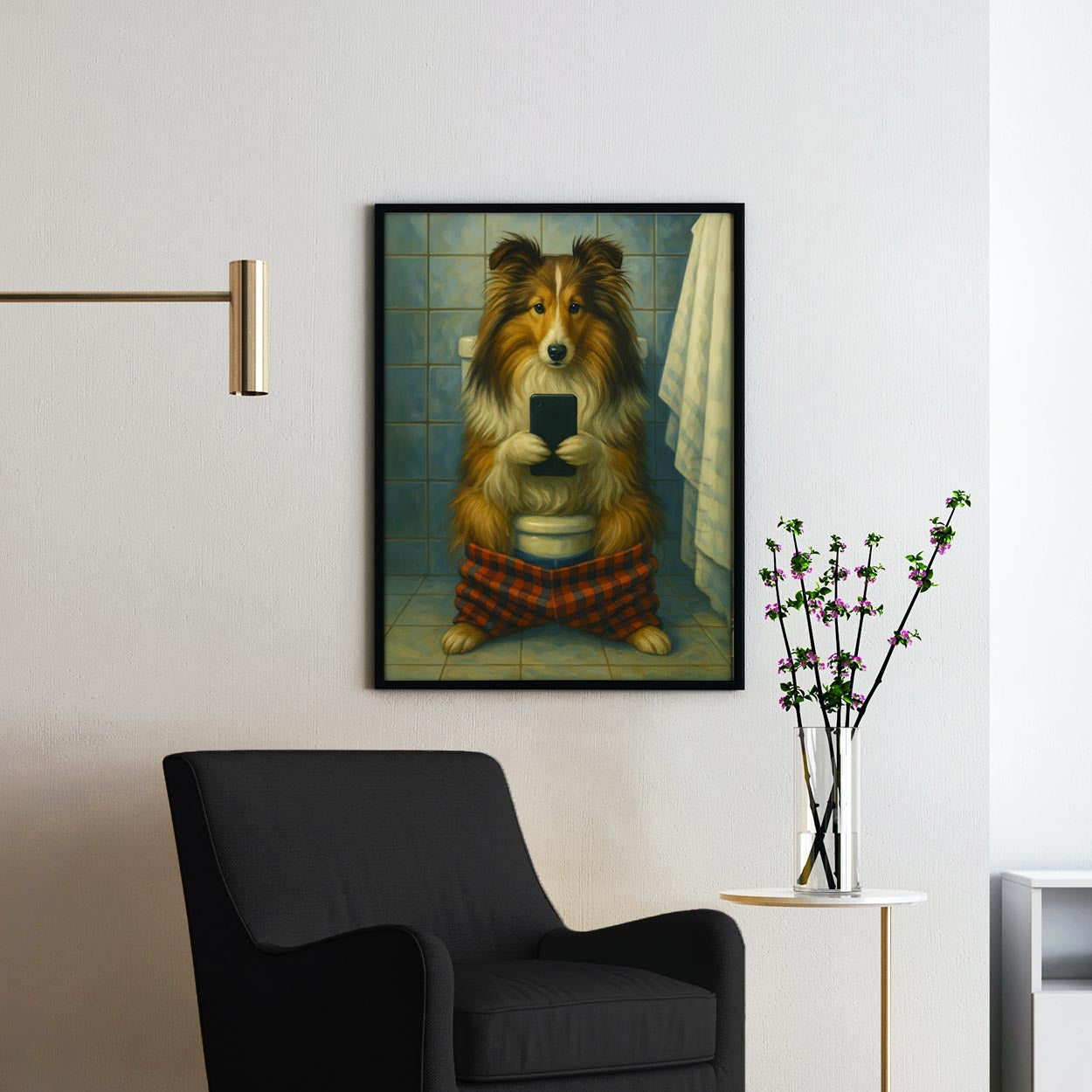 Sheltie Dog On The Phone On The Toilet