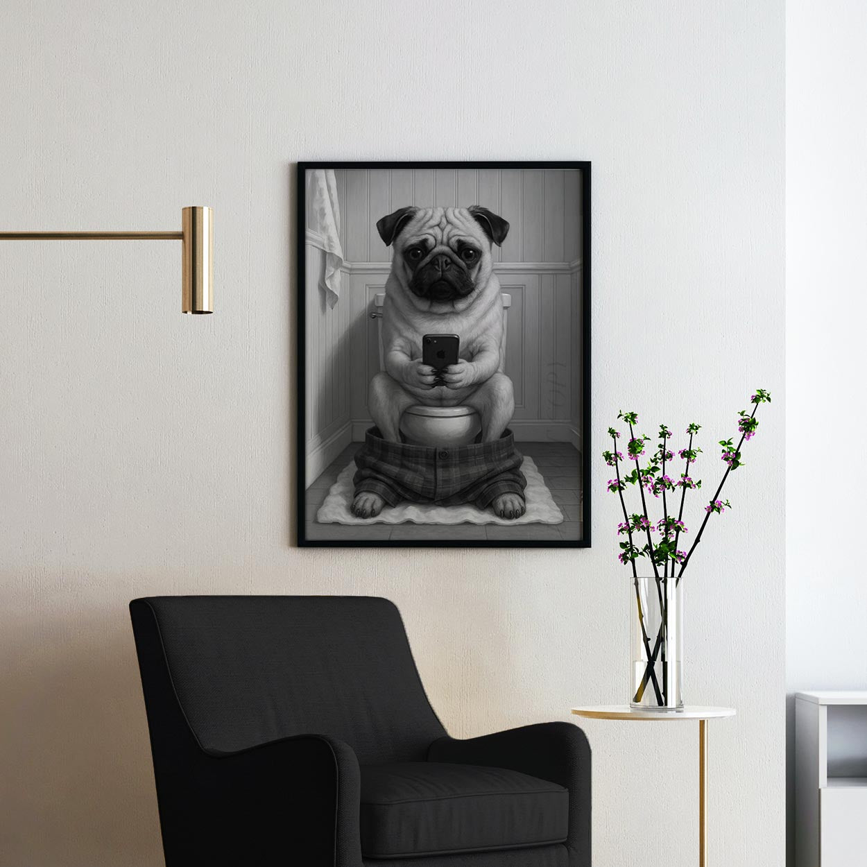 Pug Dog On The Phone On The Toilet