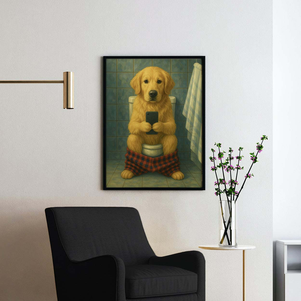 Golden Retriever Dog On The Phone On The Toilet