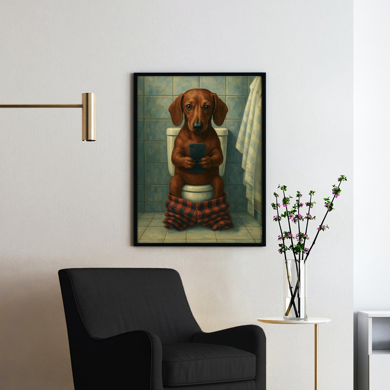 Dachshund Dog On The Phone On The Toilet